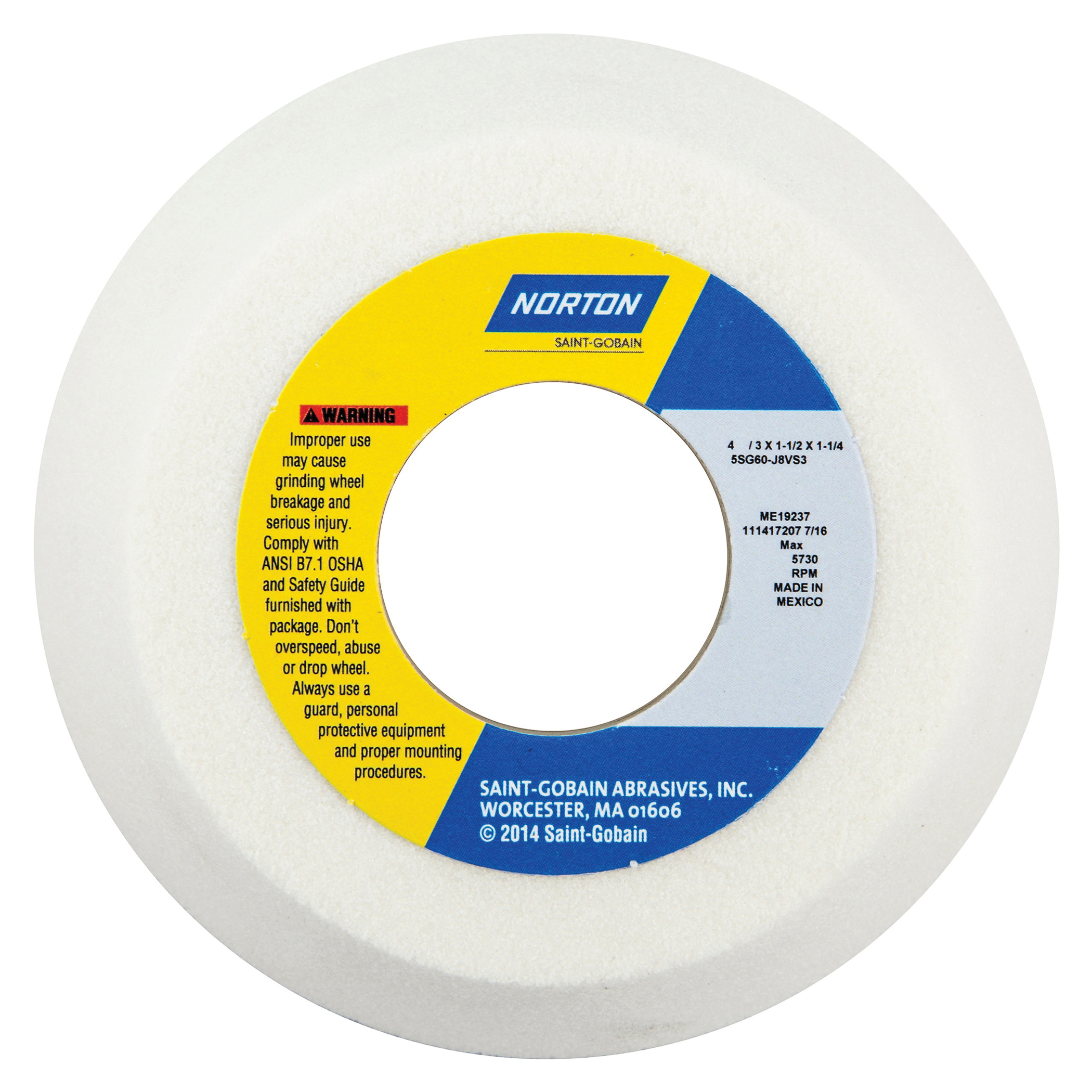 Norton® Vitrium3® 66243495342 5SG Toolroom Wheel, 4 in Dia x 1-1/2 in THK, 1-1/4 in Center Hole, 60 Grit, Ceramic Alumina Abrasive