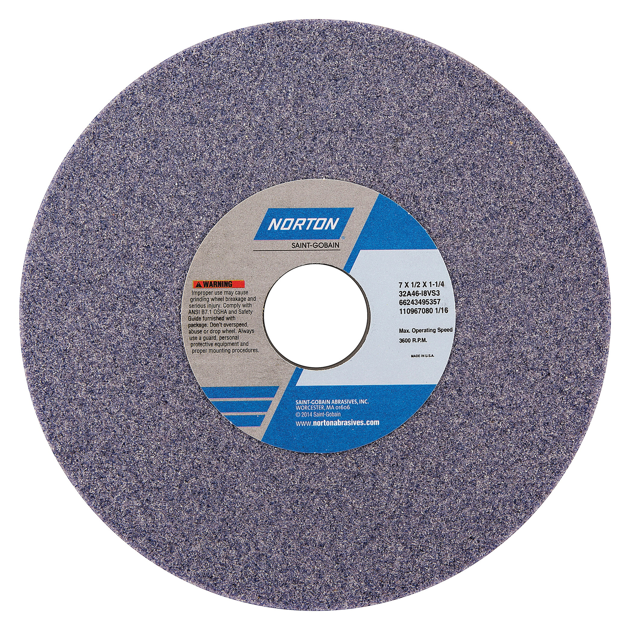 Norton® Vitrium3® 66243495357 32A Straight Toolroom Wheel, 7 in Dia x 1/2 in THK, 1-1/4 in Center Hole, 46 Grit, Aluminum Oxide Abrasive