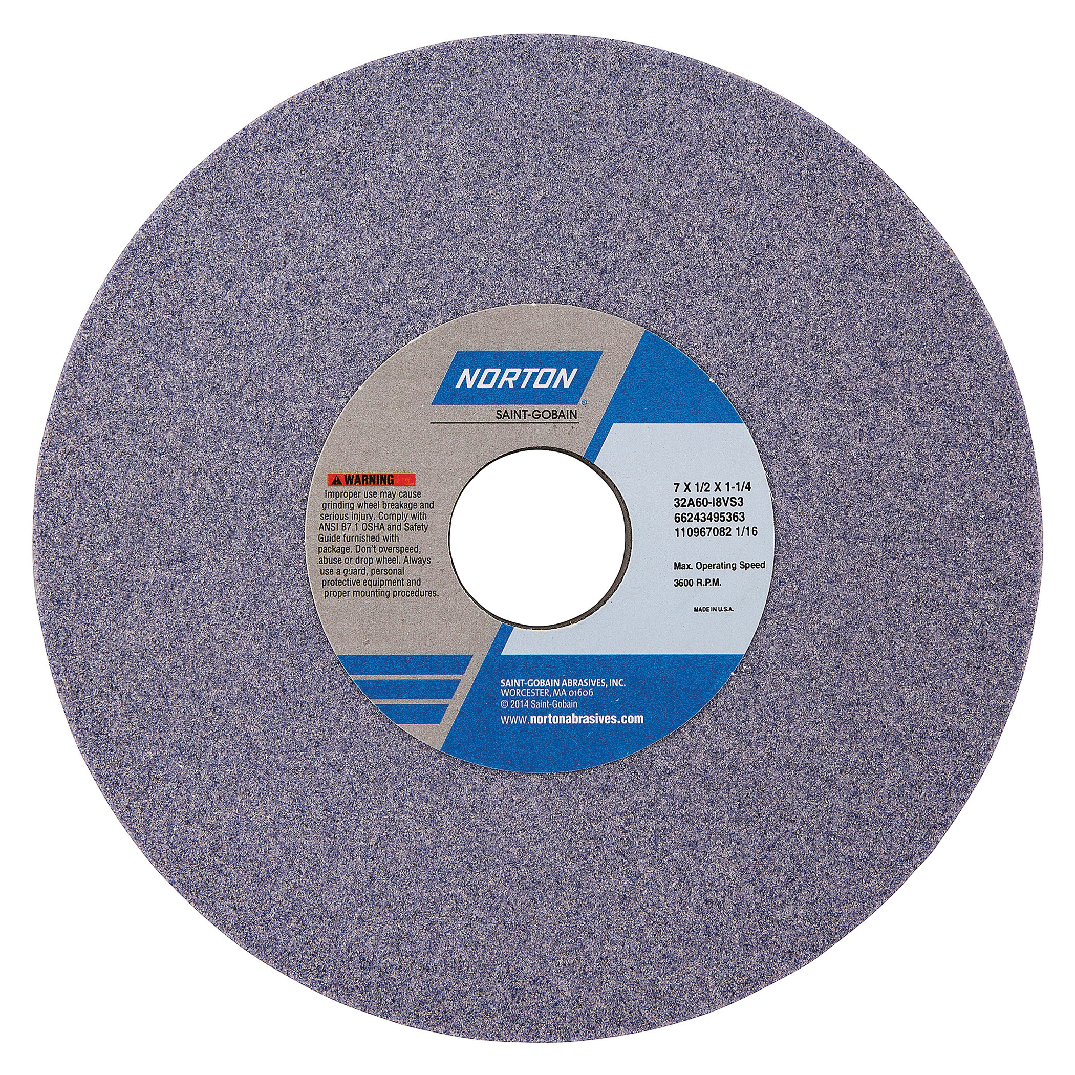 Norton® Vitrium3® 66243495363 32A Straight Toolroom Wheel, 7 in Dia x 1/2 in THK, 1-1/4 in Center Hole, 60 Grit, Aluminum Oxide Abrasive