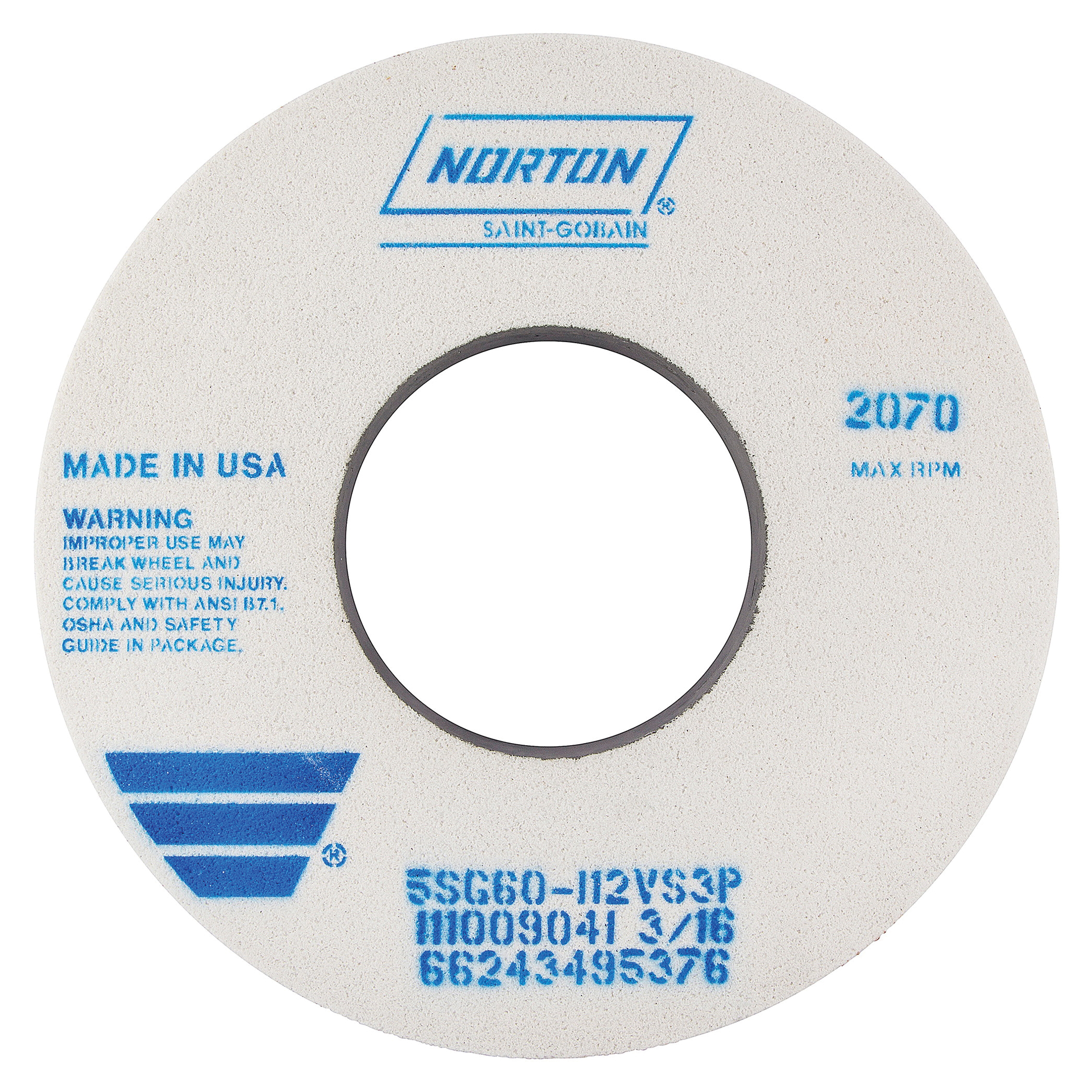 Norton® Vitrium3® 66243495376 5SG 1-Side Recessed Toolroom Wheel, 12 in Dia x 1-1/2 in THK, 5 in Center Hole, 60 Grit, Ceramic Alumina Abrasive