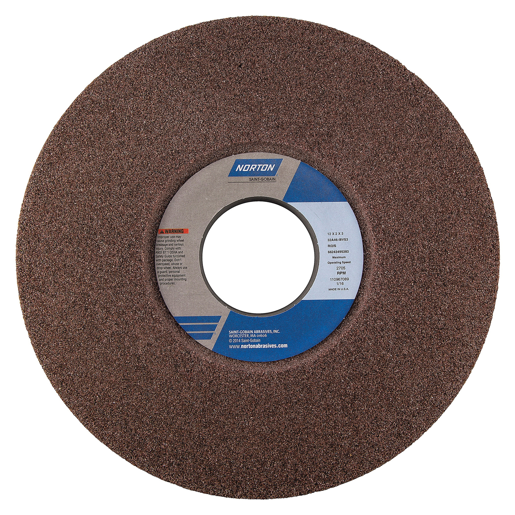 Norton® Vitrium3® 66243495383 32A 1-Side Recessed Toolroom Wheel, 12 in Dia x 2 in THK, 3 in Center Hole, 46 Grit, Aluminum Oxide Abrasive