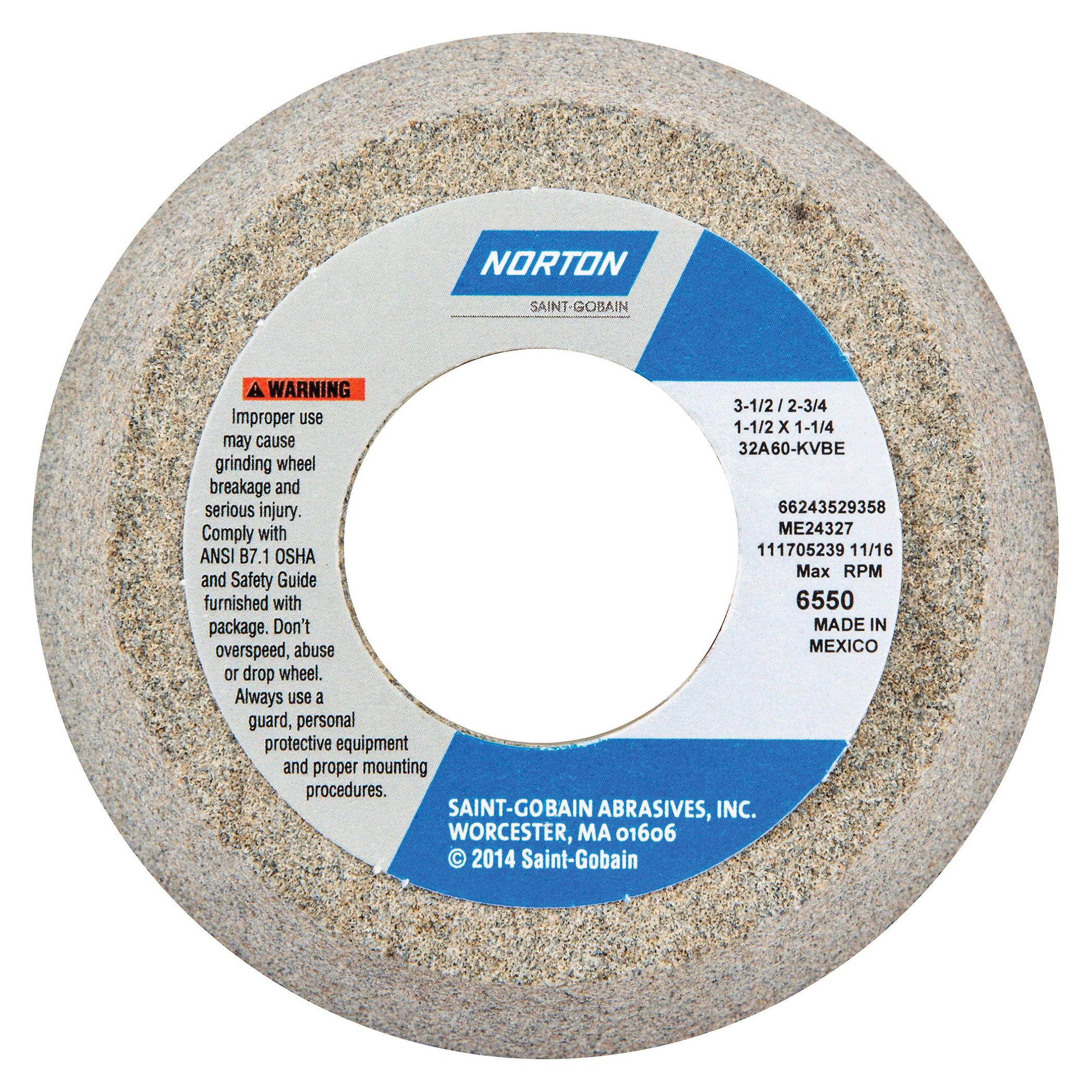 Norton® 66243529358 32A Toolroom Wheel, 3-1/2 in Dia x 1-1/2 in THK, 1-1/4 in Center Hole, 60 Grit, Aluminum Oxide Abrasive