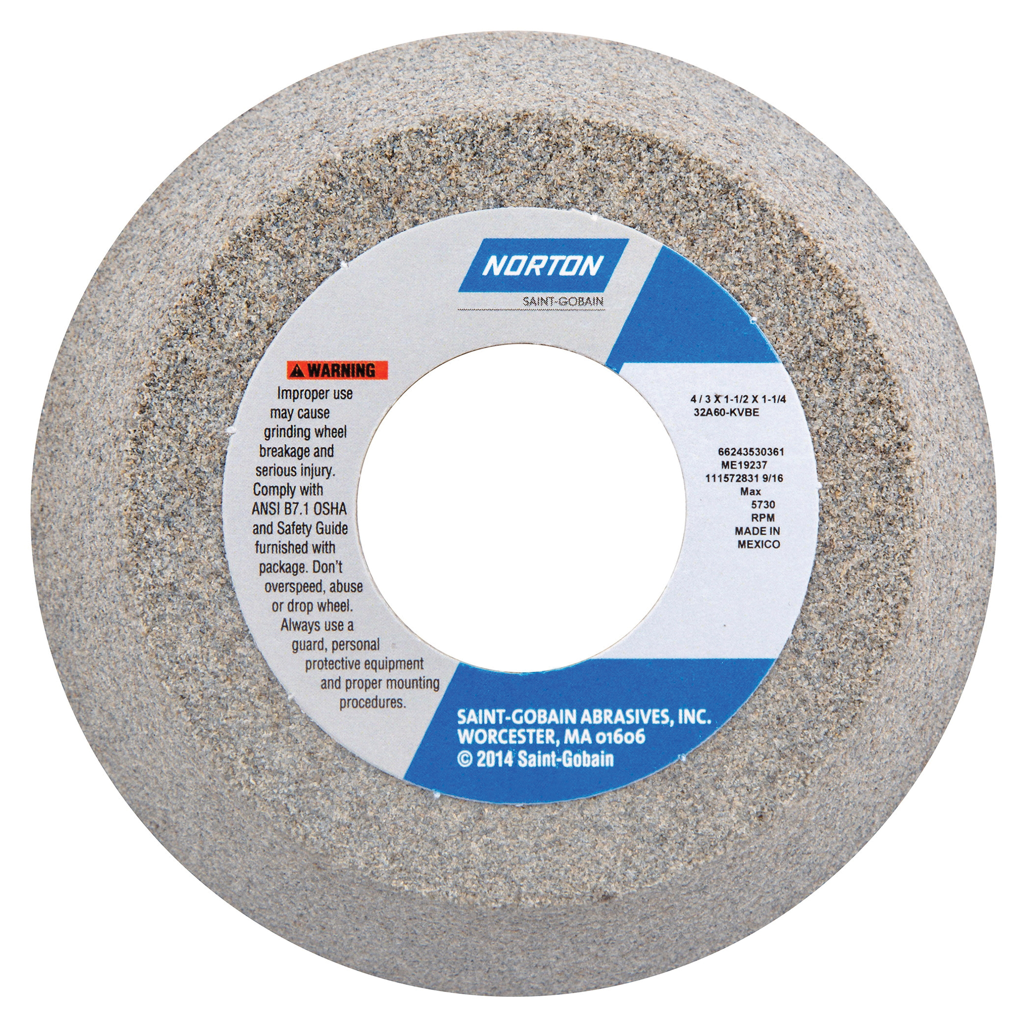 Norton® 66243530246 32A Toolroom Wheel, 4 in Dia x 1-1/2 in THK, 1-1/4 in Center Hole, 46 Grit, Aluminum Oxide Abrasive