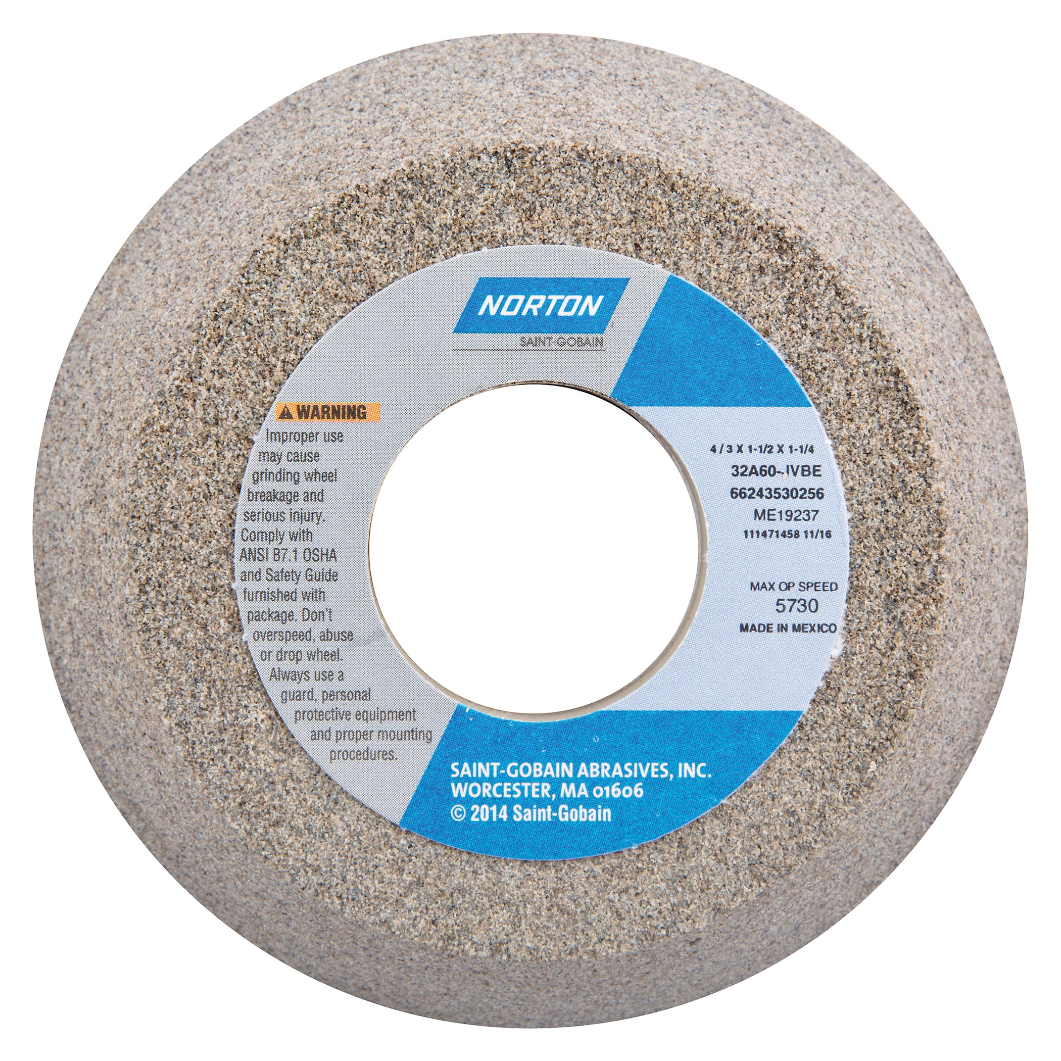 Norton® 66243530256 32A Toolroom Wheel, 4 in Dia x 1-1/2 in THK, 1-1/4 in Center Hole, 60 Grit, Aluminum Oxide Abrasive