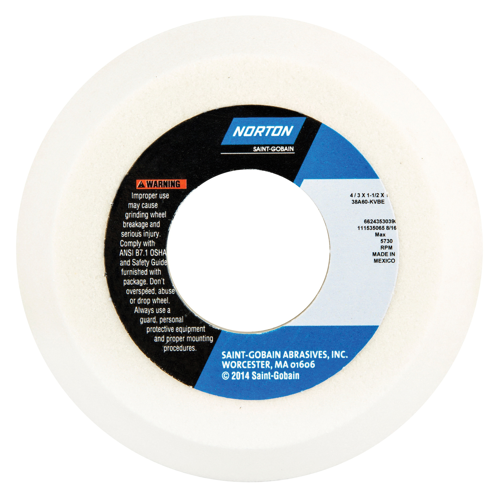 Norton® 66243530390 38A Toolroom Wheel, 4 in Dia x 1-1/2 in THK, 1-1/4 in Center Hole, 60 Grit, Aluminum Oxide Abrasive