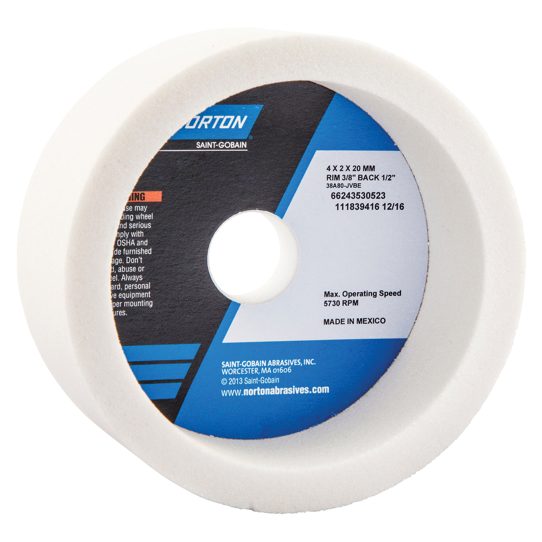 Norton® 66243530523 38A Toolroom Wheel, 4 in Dia x 2 in THK, 20 mm Center Hole, 80 Grit, Aluminum Oxide Abrasive