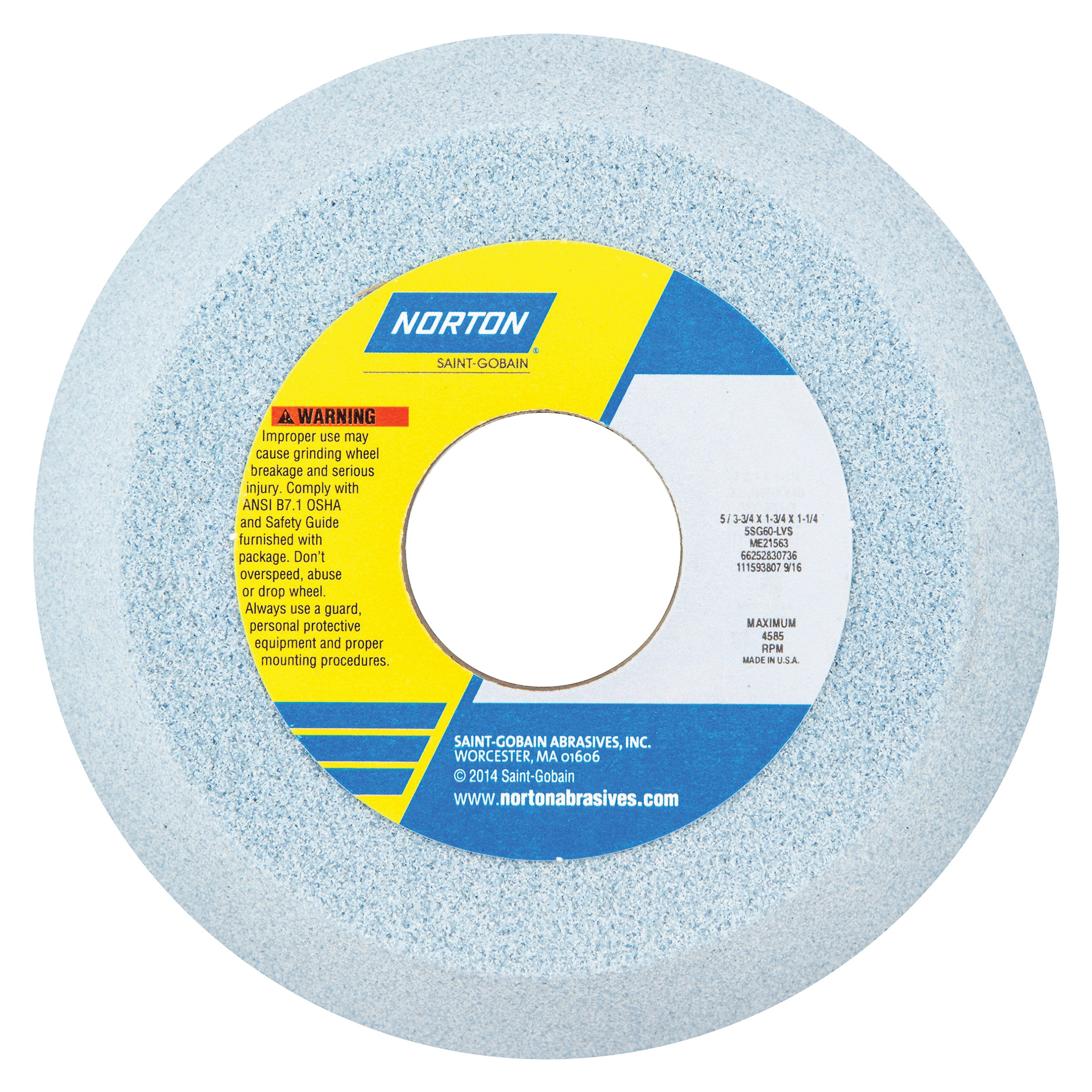 Norton® 66252830736 5SG Toolroom Wheel, 5 in Dia x 1-3/4 in THK, 1-1/4 in Center Hole, 60 Grit, Ceramic Alumina Abrasive