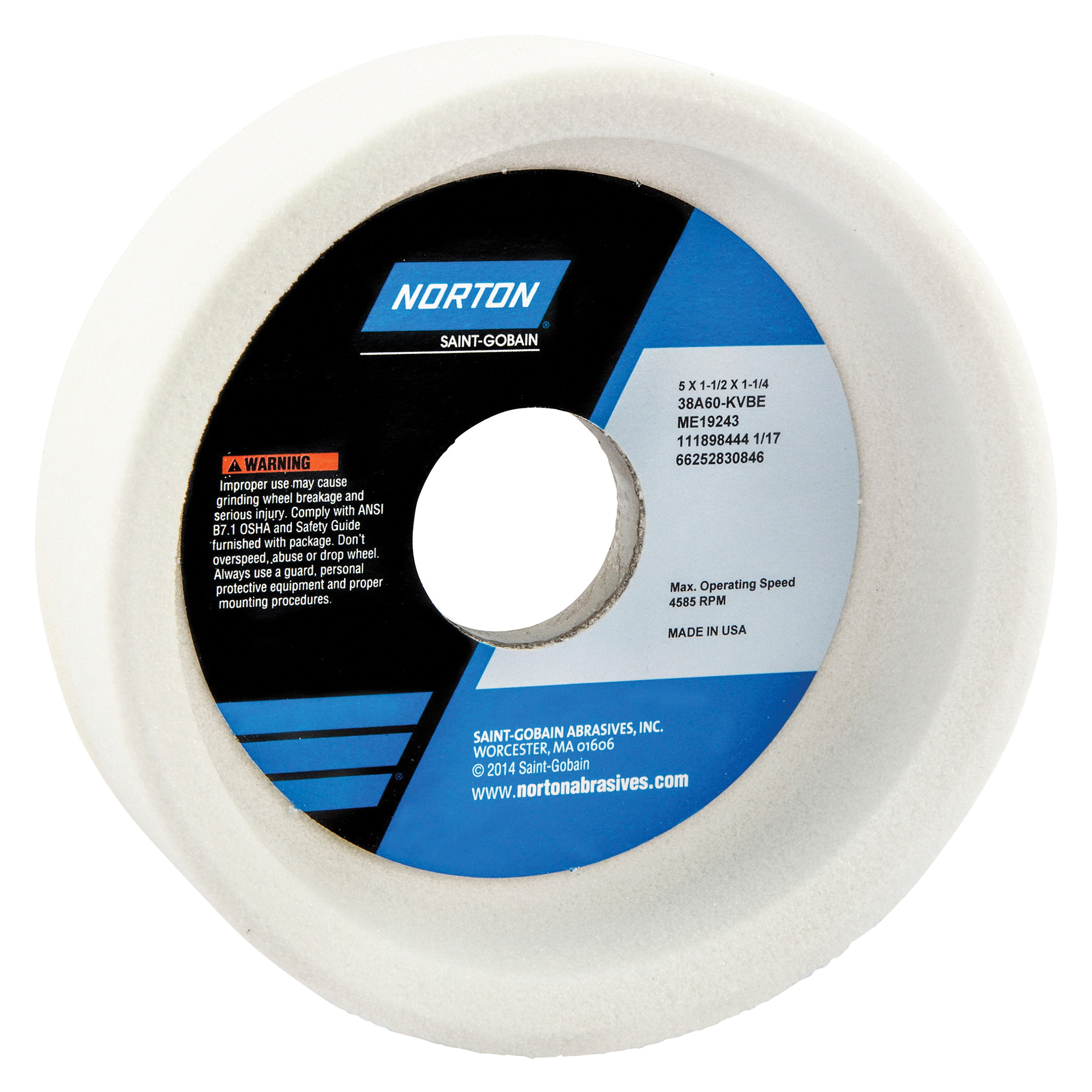 Norton® 66252830846 38A Toolroom Wheel, 5 in Dia x 1-1/2 in THK, 1-1/4 in Center Hole, 60 Grit, Aluminum Oxide Abrasive