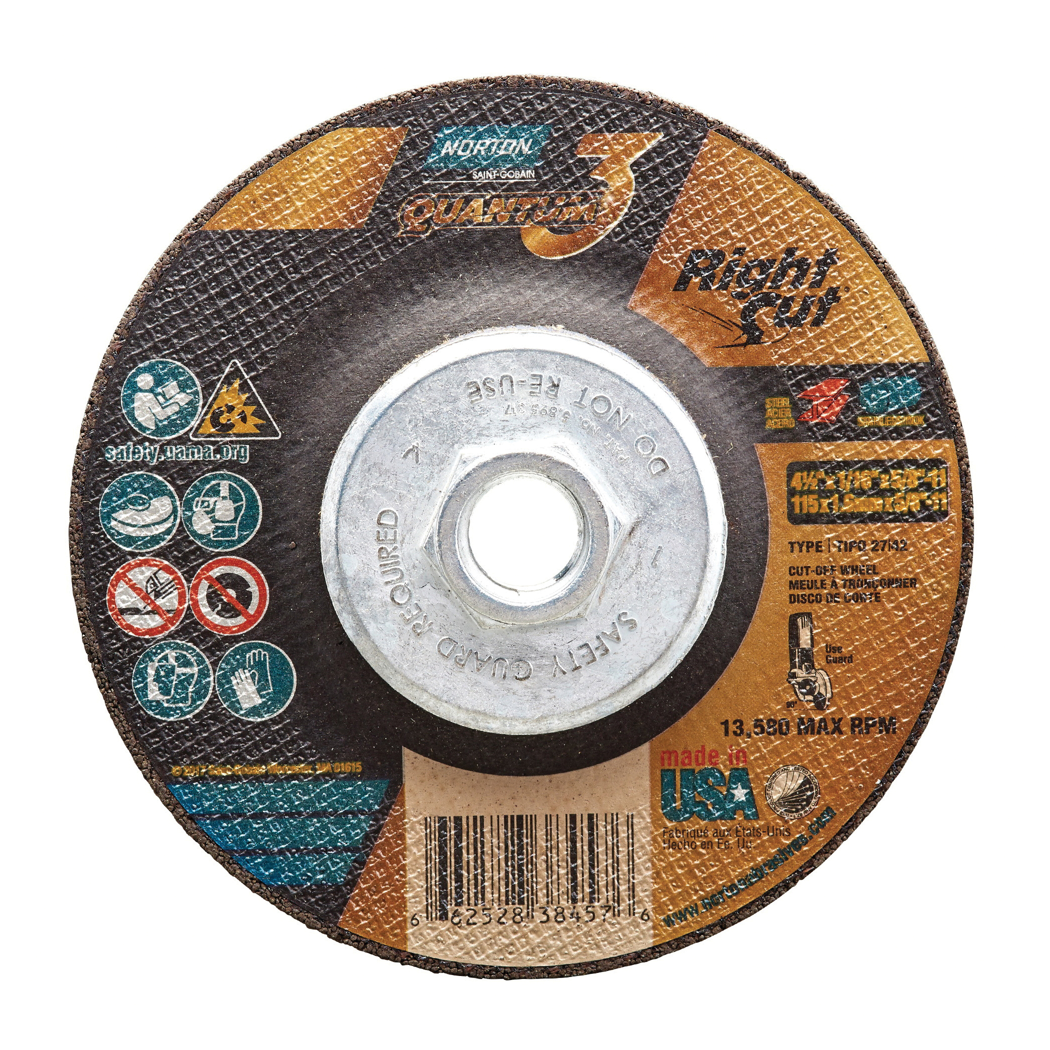 Norton® Quantum™3 66252838457 Depressed Center Wheel, 4-1/2 in Dia x 1/16 in THK, 36 Grit, Ceramic Alumina Abrasive