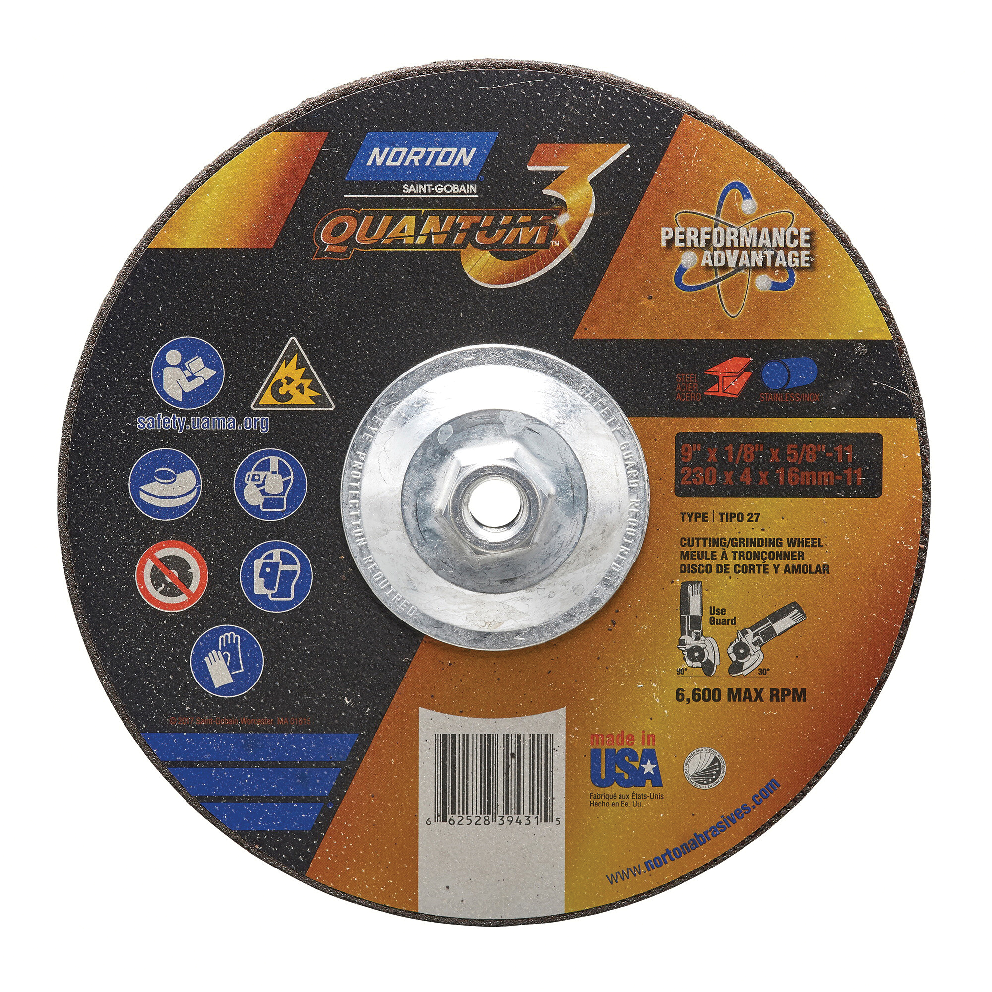 Norton® Quantum™3 66252839431 Depressed Center Wheel, 9 in Dia x 1/8 in THK, 24 Grit, Ceramic Abrasive