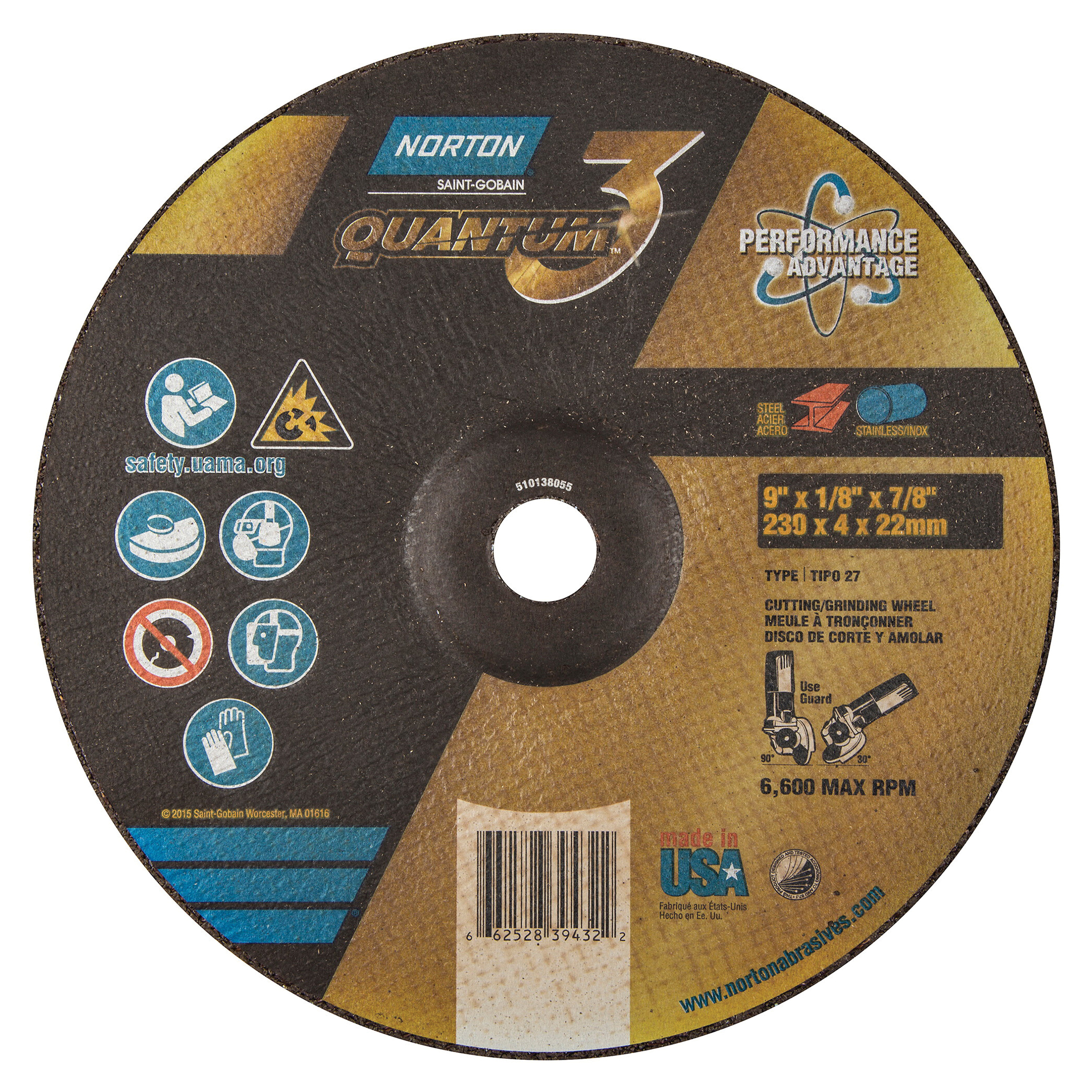 Norton® Quantum™3 66252839432 Depressed Center Wheel, 9 in Dia x 1/8 in THK, 7/8 in Center Hole, 24 Grit, Ceramic Abrasive