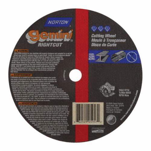 Norton® Gemini® 66252905957 U57A All Purpose Small Diameter Cut-Off Wheel, 7 in Dia x 0.06 in THK, 5/8 in Center Hole, 36 Grit, Aluminum Oxide Abrasive