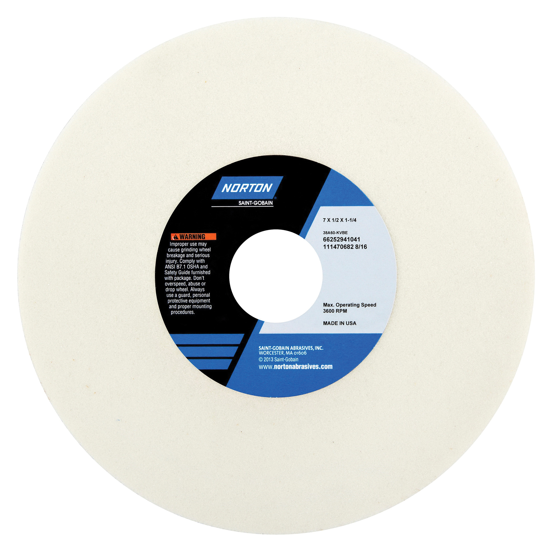 Norton® 66252941036 38A Straight Toolroom Wheel, 7 in Dia x 1/2 in THK, 1-1/4 in Center Hole, 60 Grit, Aluminum Oxide Abrasive