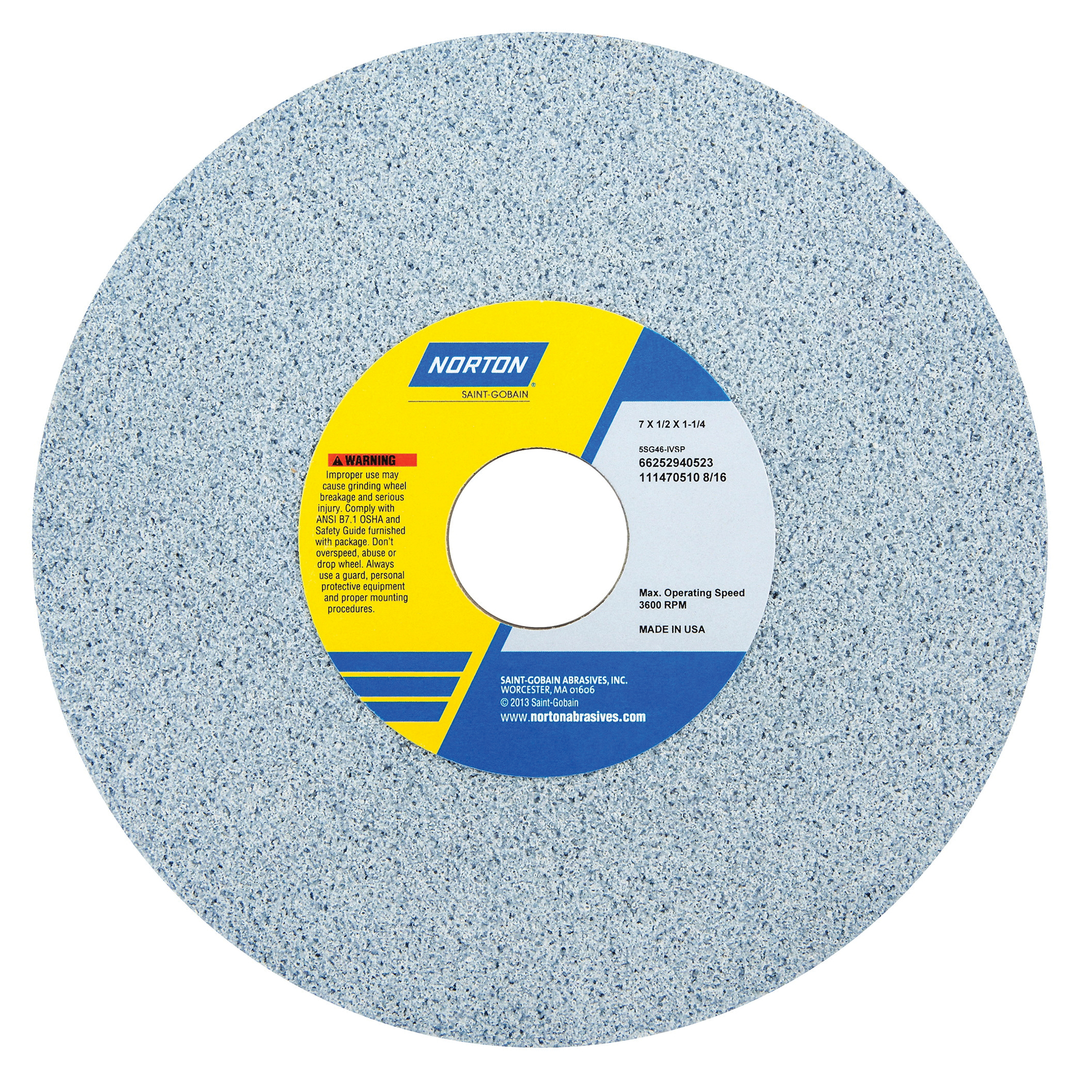 Norton® 66252941130 5SG Straight Toolroom Wheel, 7 in Dia x 1/2 in THK, 1-1/4 in Center Hole, 46 Grit, Ceramic Alumina/Friable Aluminum Oxide Abrasive