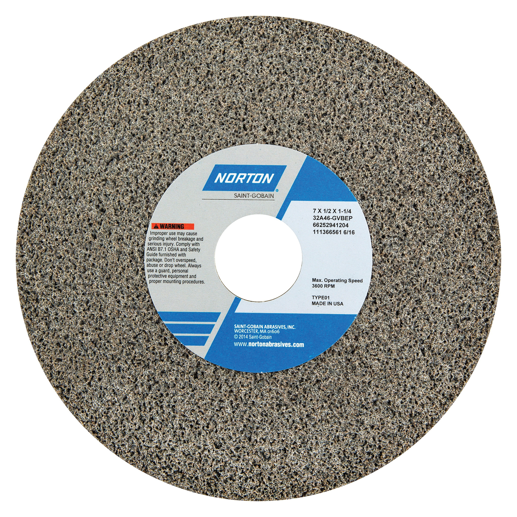 Norton® 66252941206 32A Straight Toolroom Wheel, 7 in Dia x 1/2 in THK, 1-1/4 in Center Hole, 46 Grit, Aluminum Oxide Abrasive