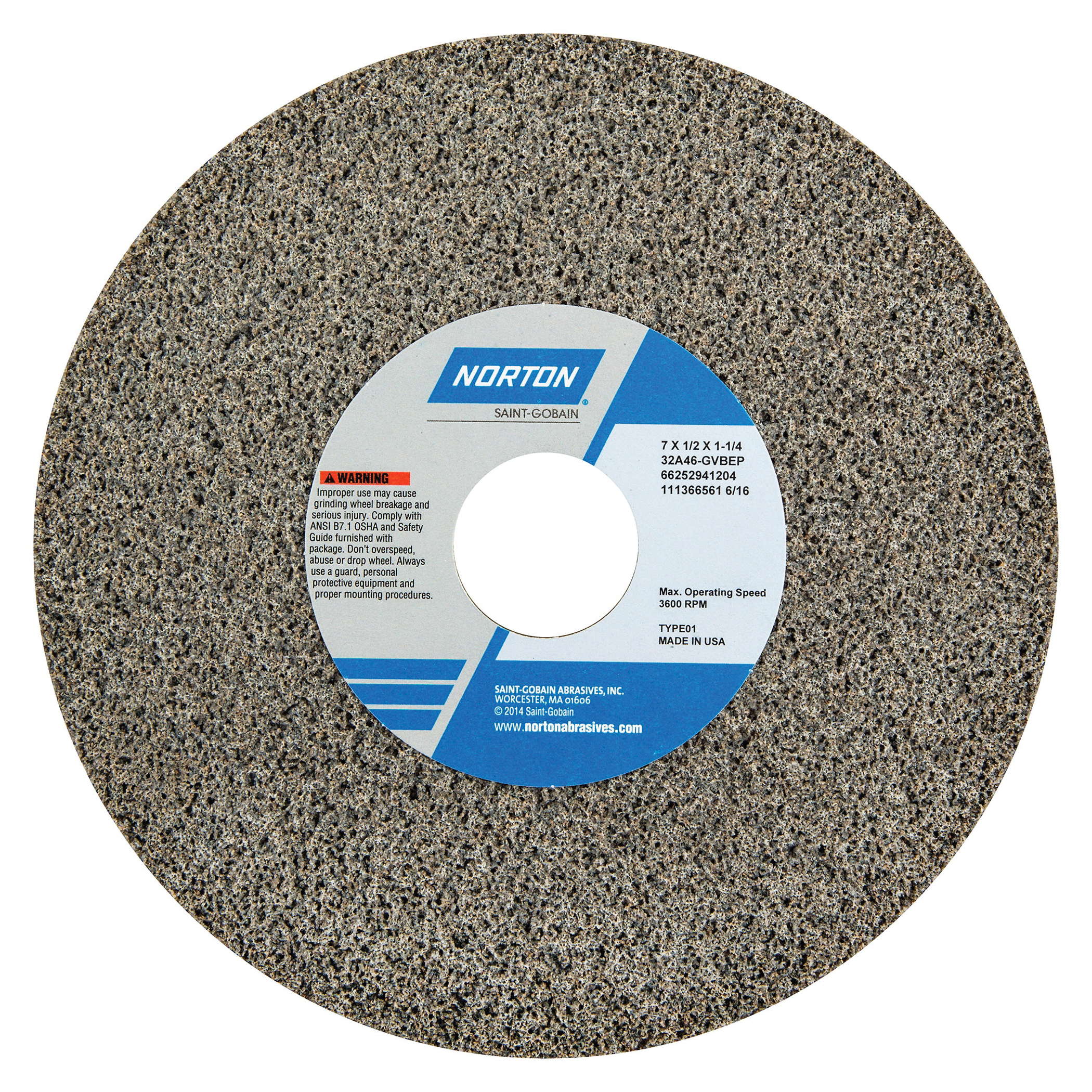 Norton® 66252941313 32A Straight Toolroom Wheel, 7 in Dia x 1/2 in THK, 1-1/4 in Center Hole, 60 Grit, Aluminum Oxide Abrasive