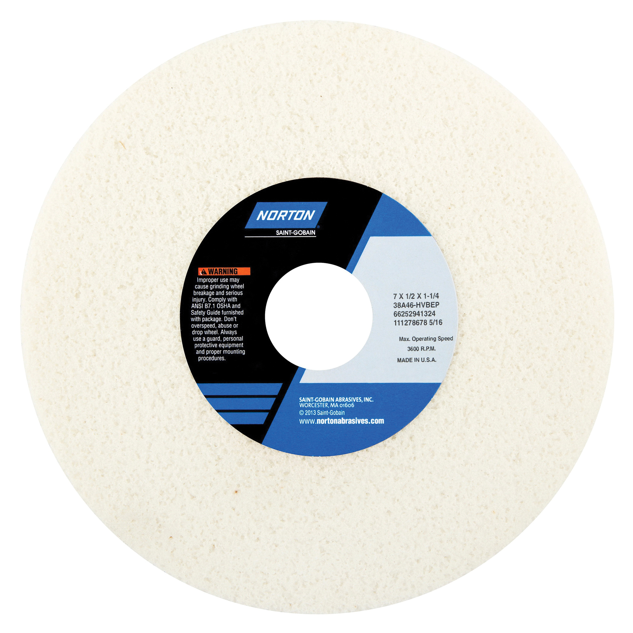 Norton® 66252941330 38A Straight Toolroom Wheel, 7 in Dia x 1/2 in THK, 1-1/4 in Center Hole, 60 Grit, Aluminum Oxide Abrasive