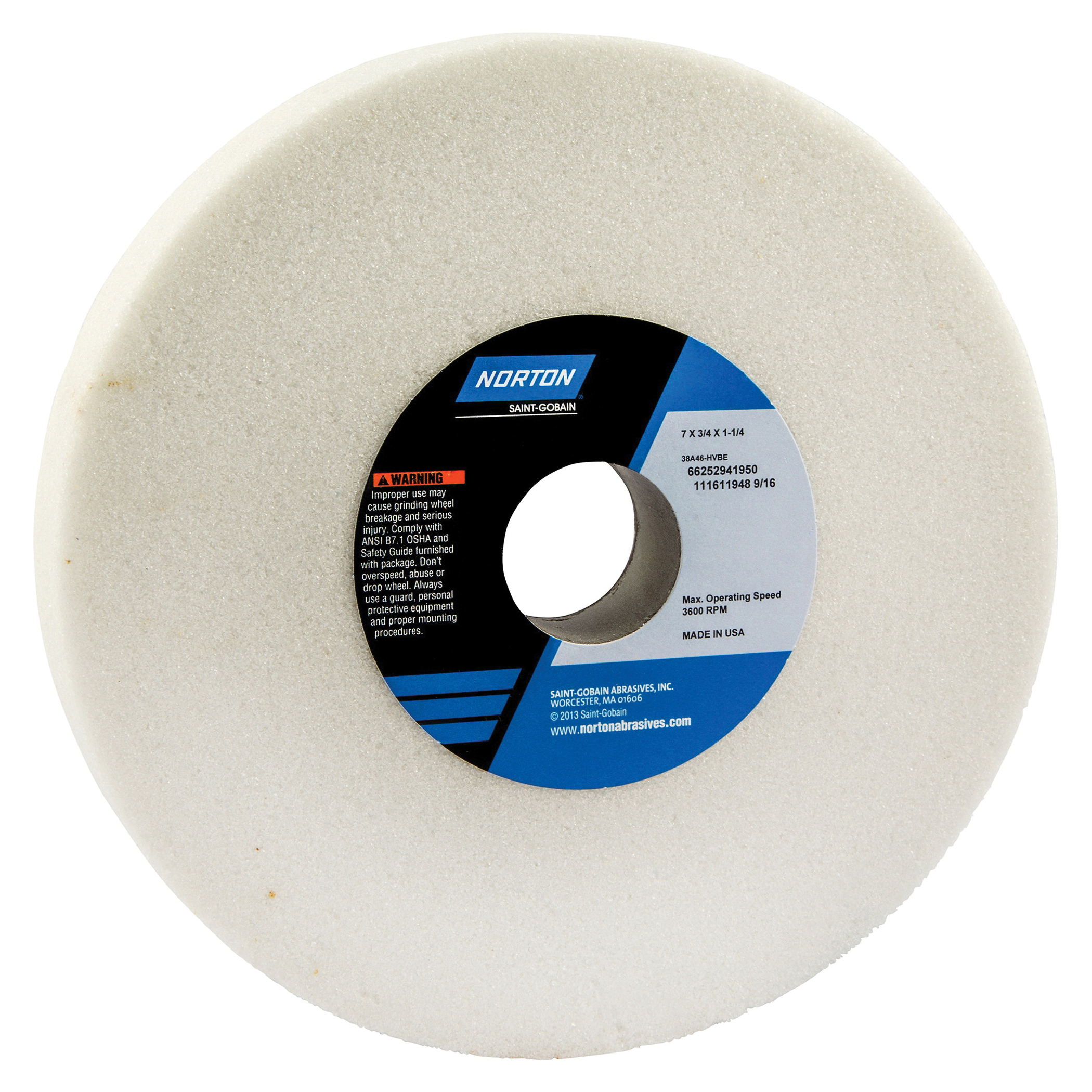 Norton® 66252941954 38A Straight Toolroom Wheel, 7 in Dia x 3/4 in THK, 1-1/4 in Center Hole, 46 Grit, Aluminum Oxide Abrasive
