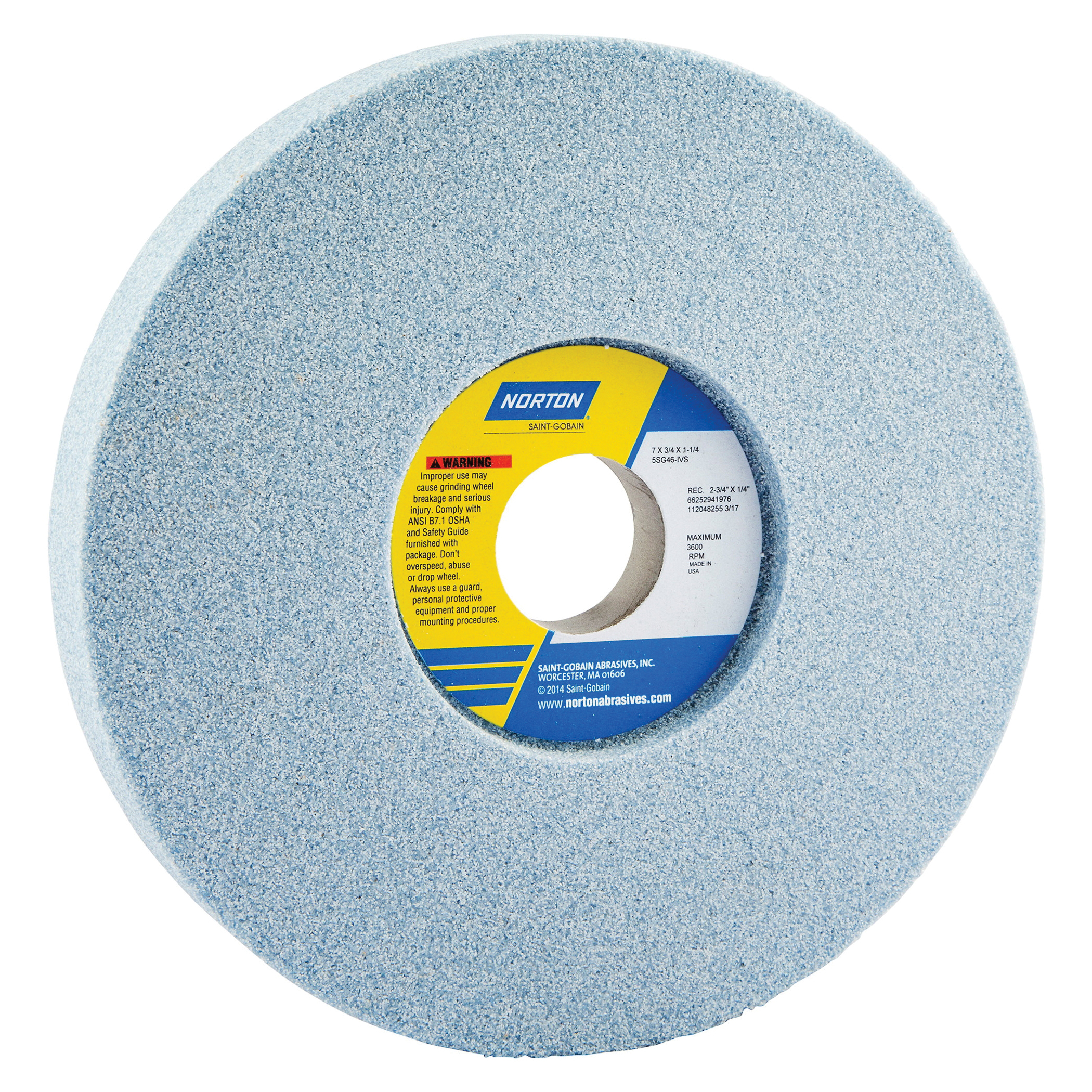 Norton® 66252941976 5SG 1-Side Recessed Toolroom Wheel, 7 in Dia x 3/4 in THK, 1-1/4 in Center Hole, 46 Grit, Ceramic Alumina/Friable Aluminum Oxide Abrasive