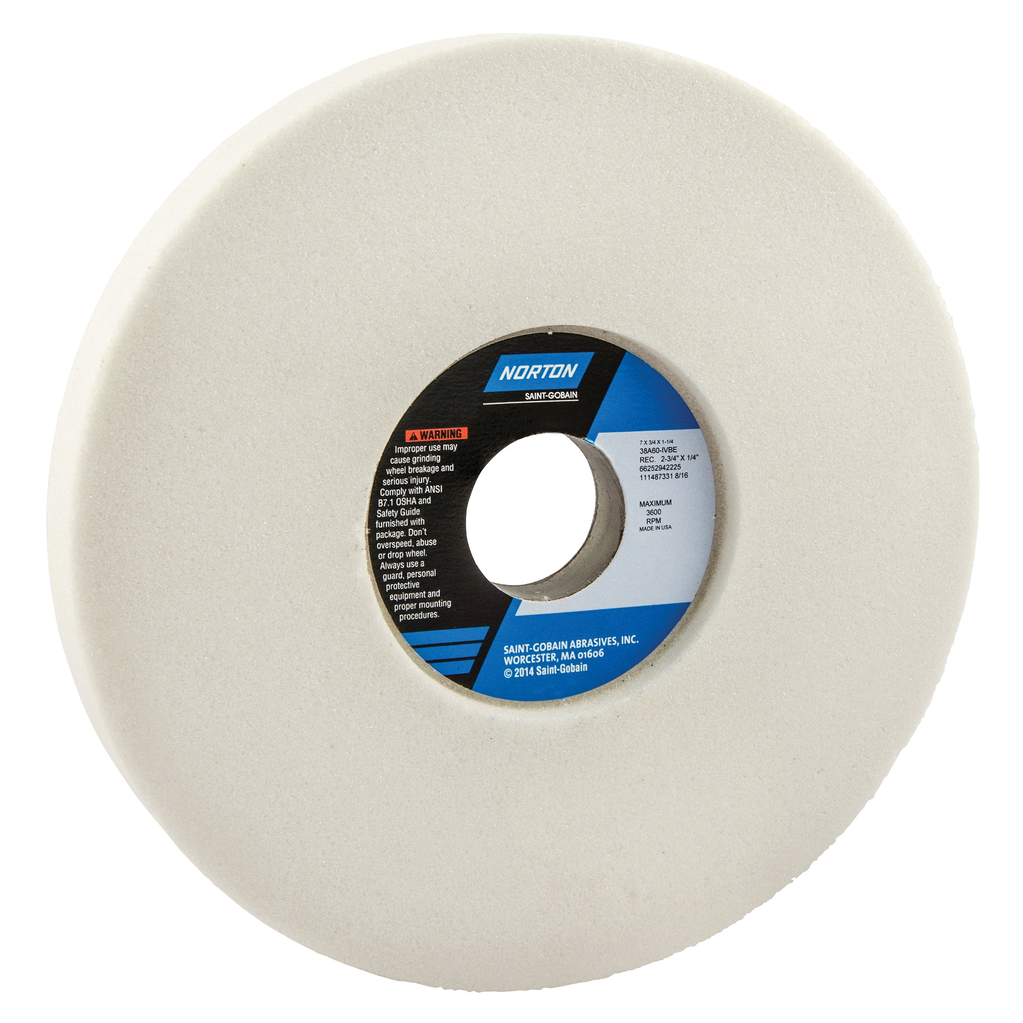 Norton® 66252942225 38A 1-Side Recessed Toolroom Wheel, 7 in Dia x 3/4 in THK, 1-1/4 in Center Hole, 60 Grit, Aluminum Oxide Abrasive