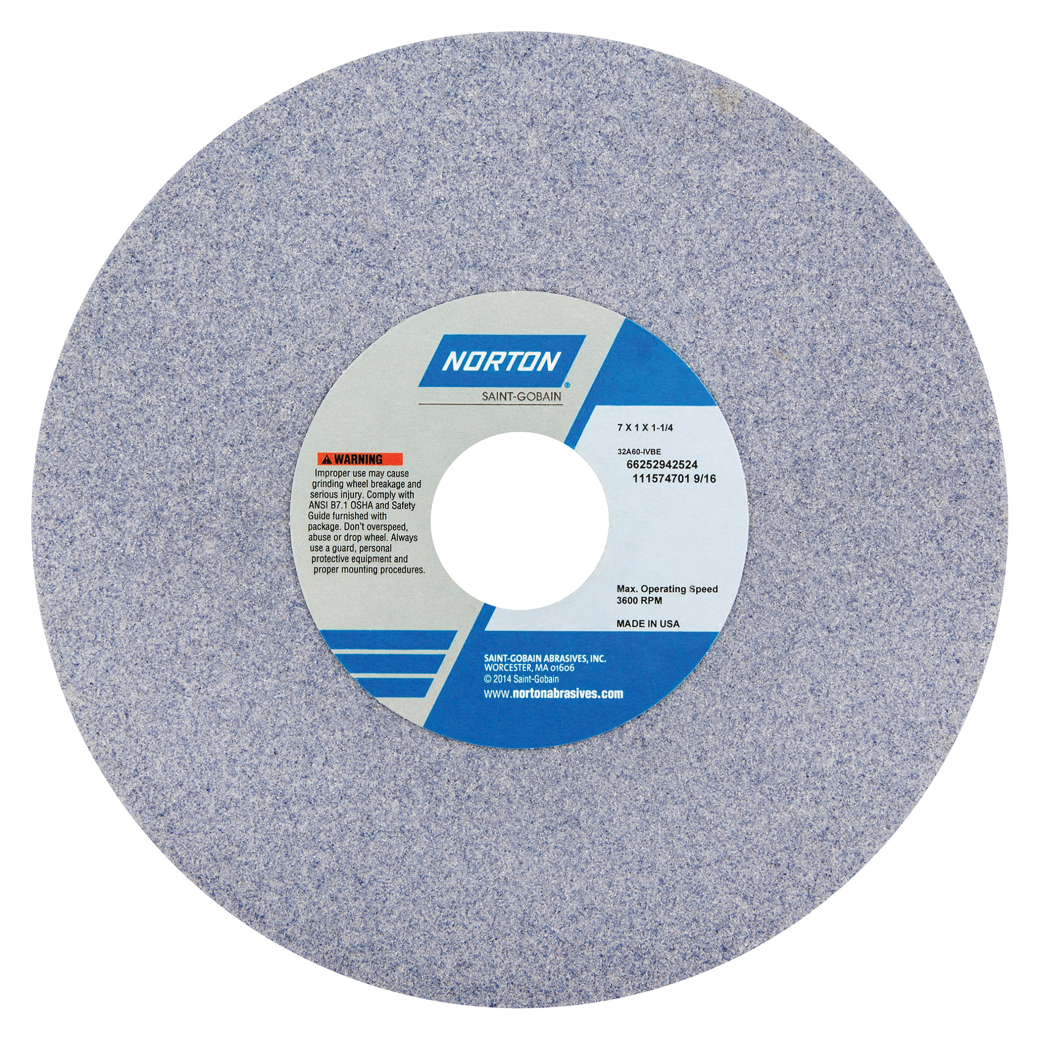 Norton® 66252942268 32A Straight Toolroom Wheel, 7 in Dia x 1 in THK, 1-1/4 in Center Hole, 46 Grit, Aluminum Oxide Abrasive
