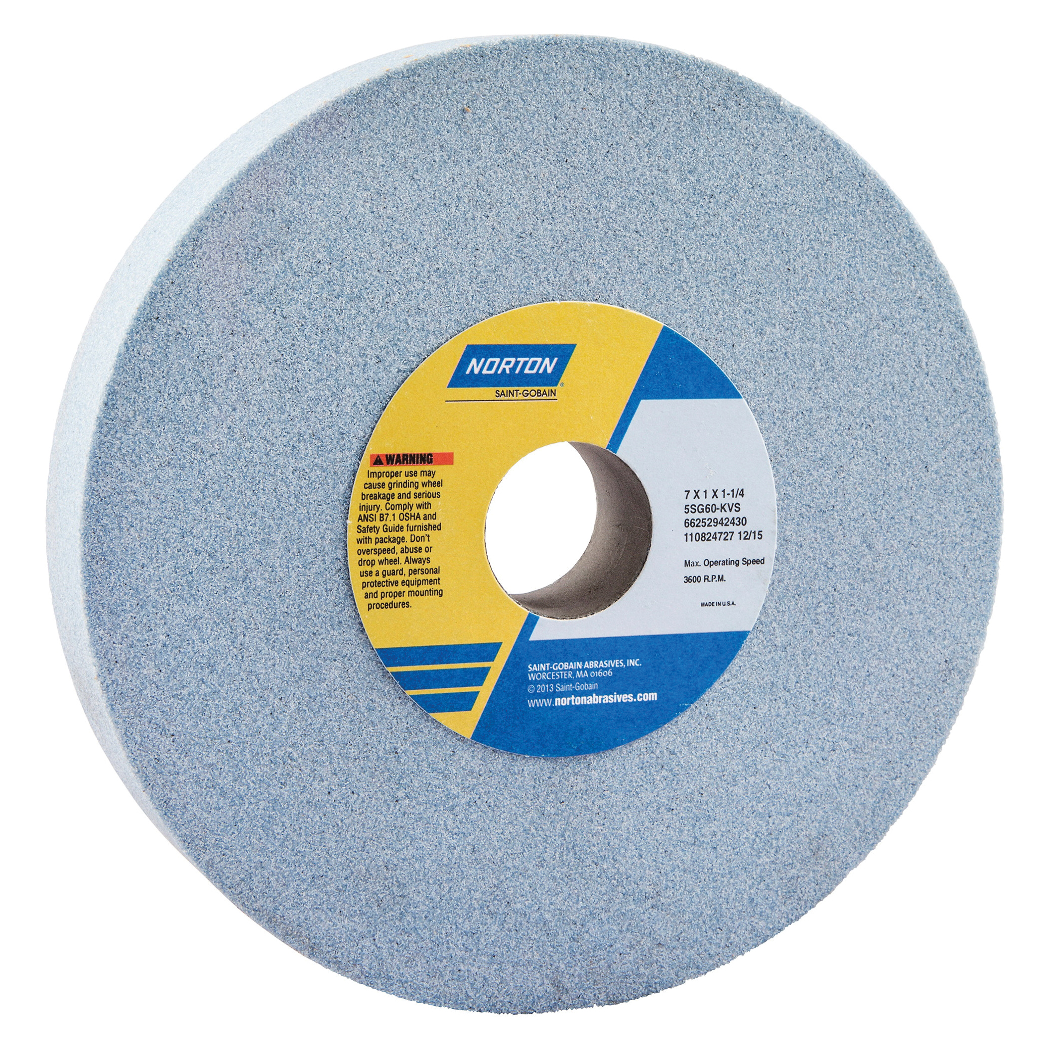 Norton® 66252942430 5SG Straight Toolroom Wheel, 7 in Dia x 1 in THK, 1-1/4 in Center Hole, 60 Grit, Ceramic Alumina/Friable Aluminum Oxide Abrasive