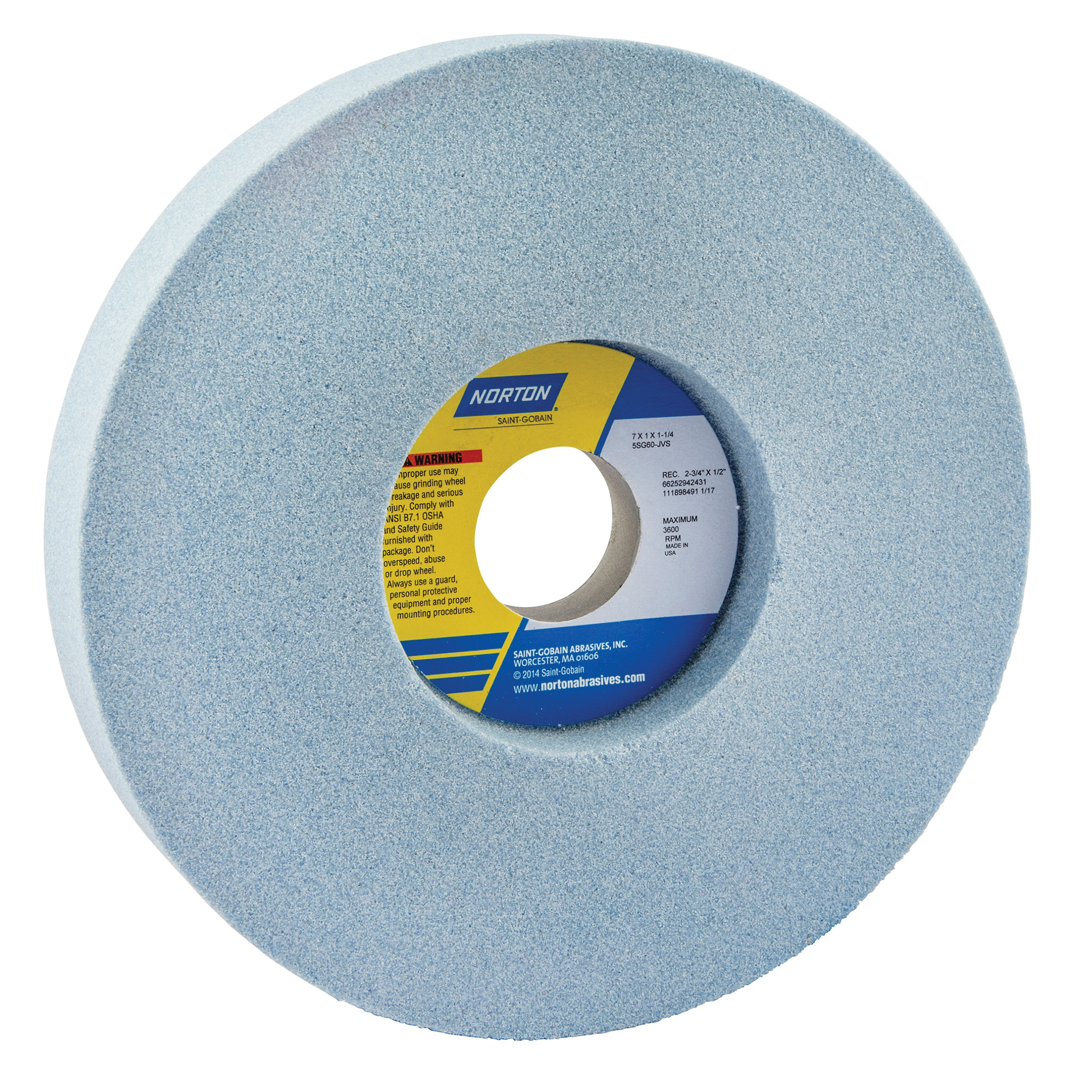 Norton® 66252942431 5SG 1-Side Recessed Toolroom Wheel, 7 in Dia x 1 in THK, 1-1/4 in Center Hole, 60 Grit, Ceramic Alumina/Friable Aluminum Oxide Abrasive