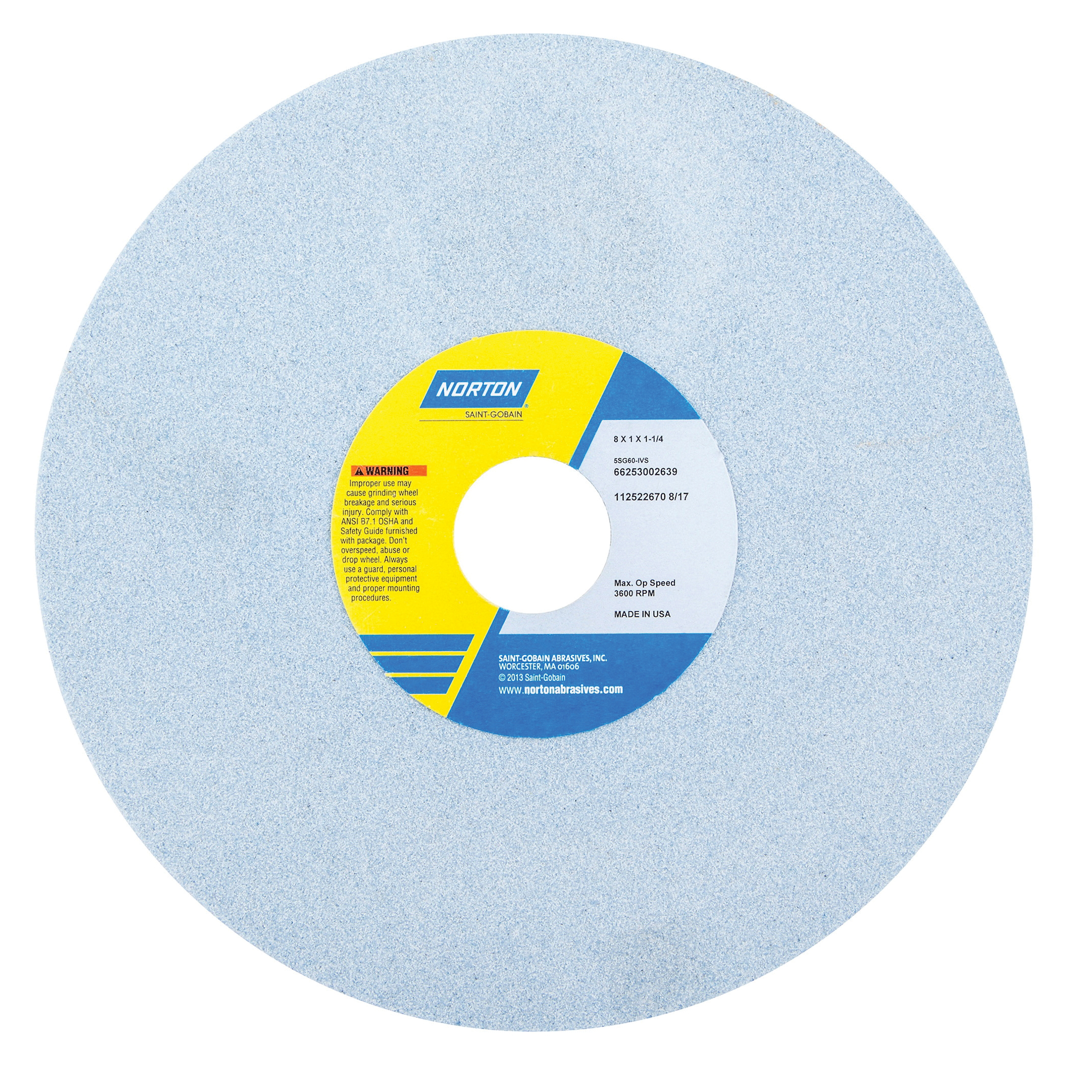 Norton® 66253002639 5SG Straight Toolroom Wheel, 8 in Dia x 1 in THK, 1-1/4 in Center Hole, 60 Grit, Ceramic Alumina/Friable Aluminum Oxide Abrasive