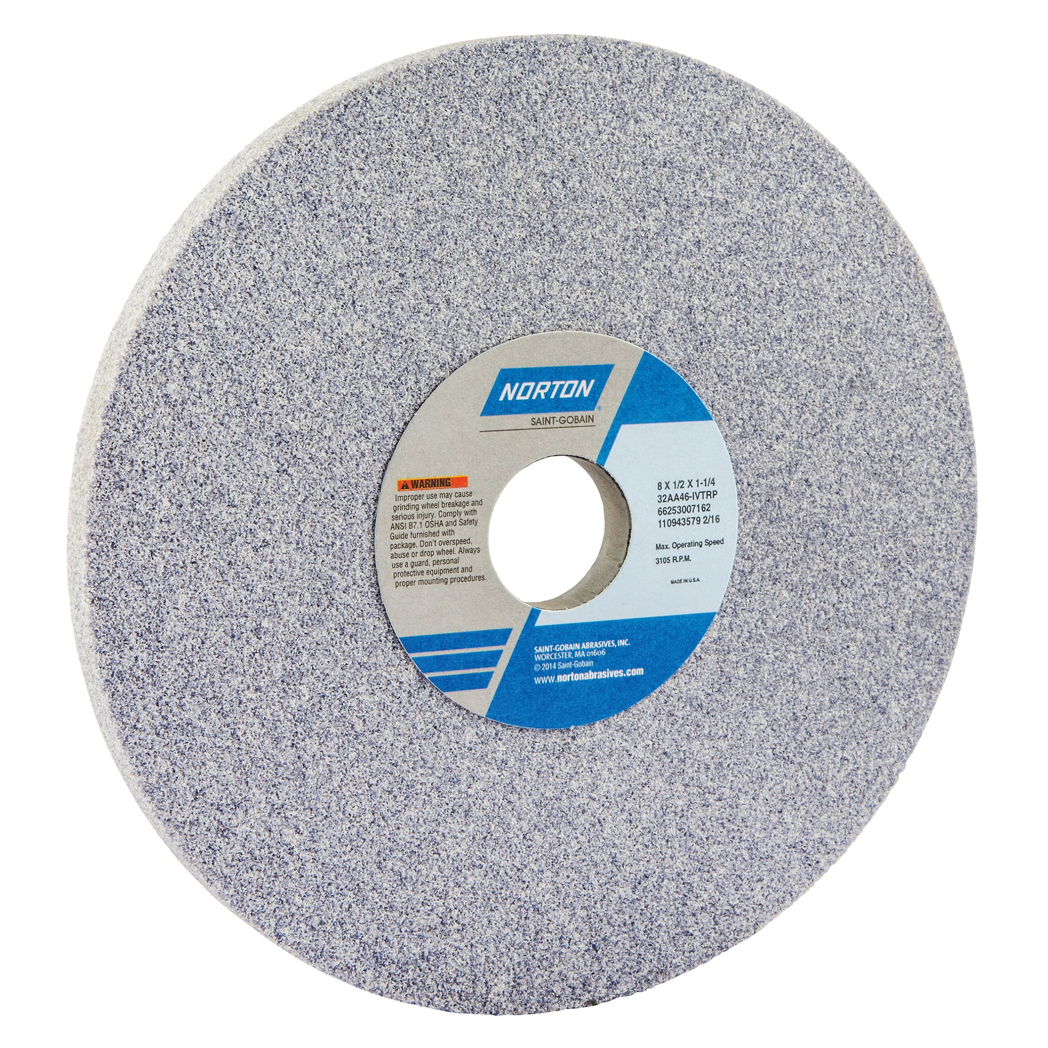 Norton® 66253007162 32AA Straight Toolroom Wheel, 8 in Dia x 1/2 in THK, 1-1/4 in Center Hole, 46 Grit, Aluminum Oxide Abrasive