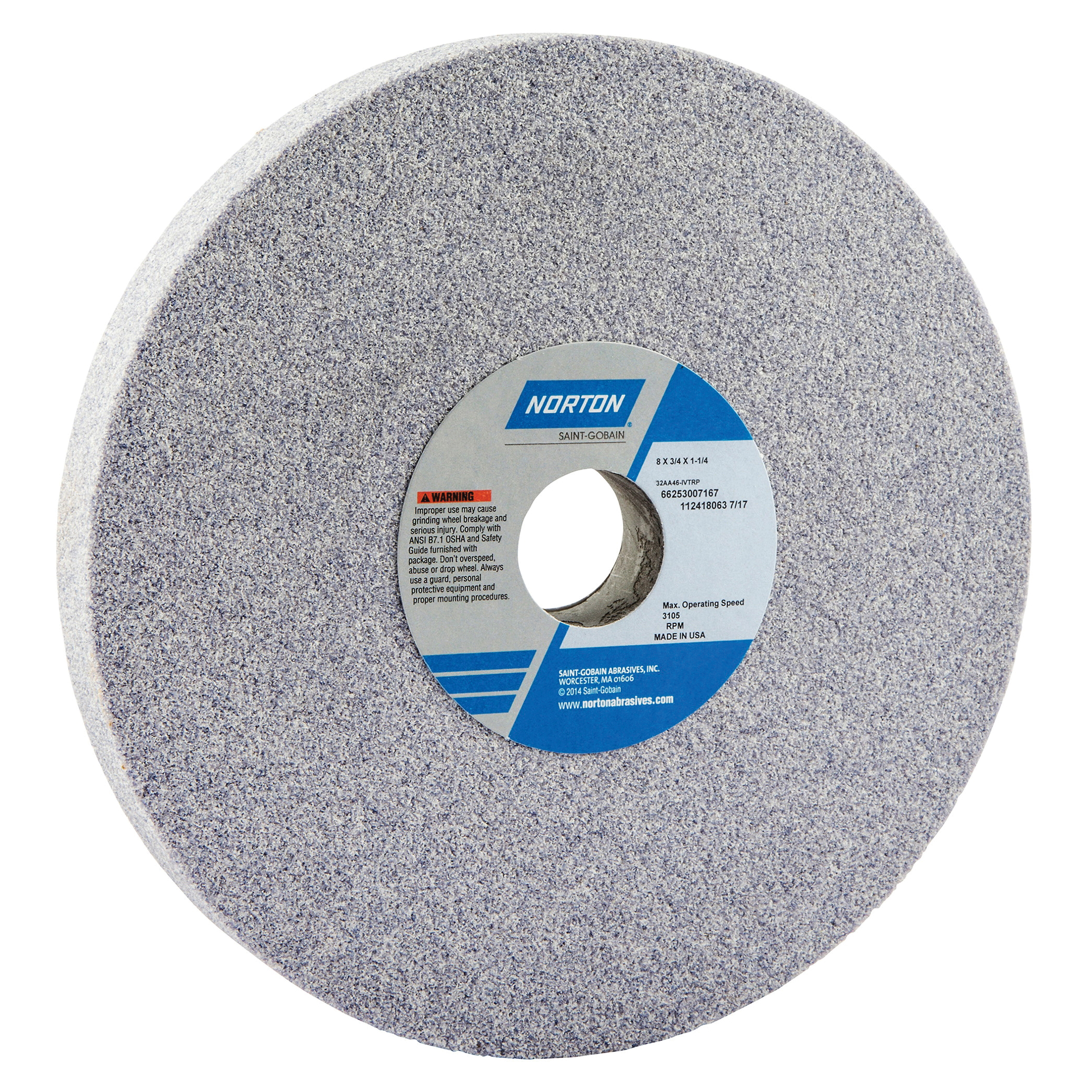 Norton® 66253007167 32AA Straight Toolroom Wheel, 8 in Dia x 3/4 in THK, 1-1/4 in Center Hole, 46 Grit, Aluminum Oxide Abrasive