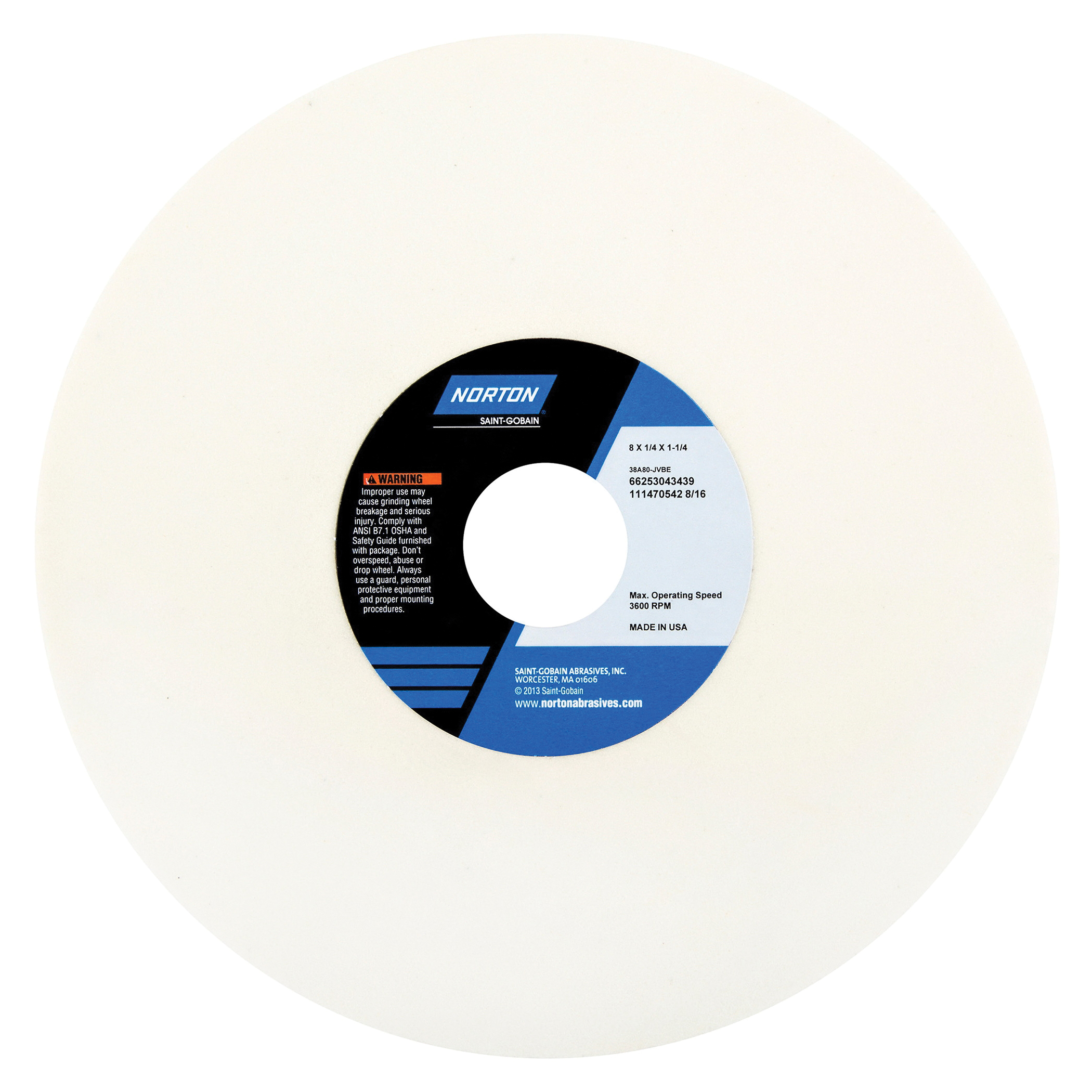 Norton® 66253010825 38A Straight Toolroom Wheel, 8 in Dia x 1/4 in THK, 1-1/4 in Center Hole, 60 Grit, Aluminum Oxide Abrasive