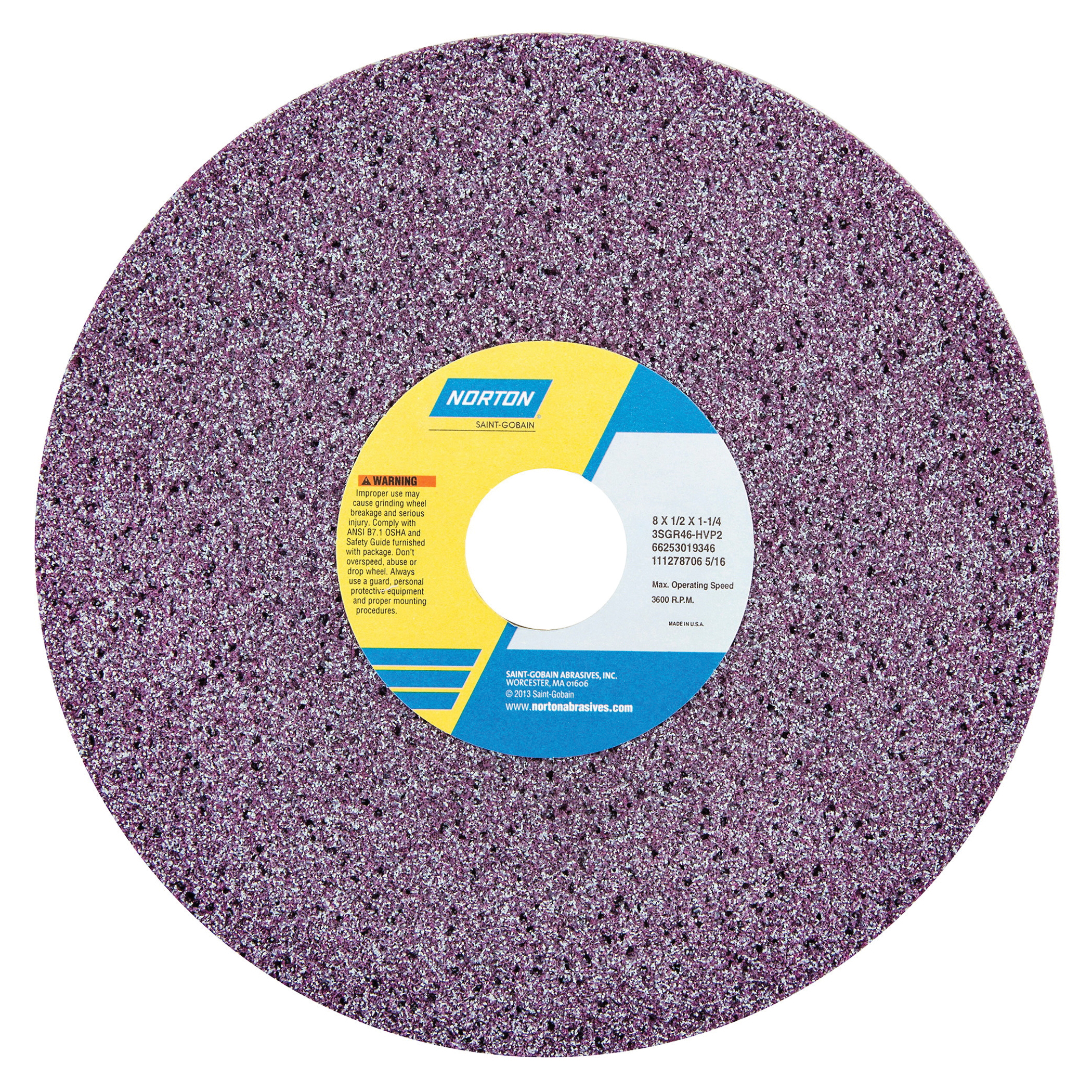 Norton® 66253019348 3SGR Straight Toolroom Wheel, 8 in Dia x 1/2 in THK, 1-1/4 in Center Hole, 60 Grit, Ceramic Alumina Abrasive