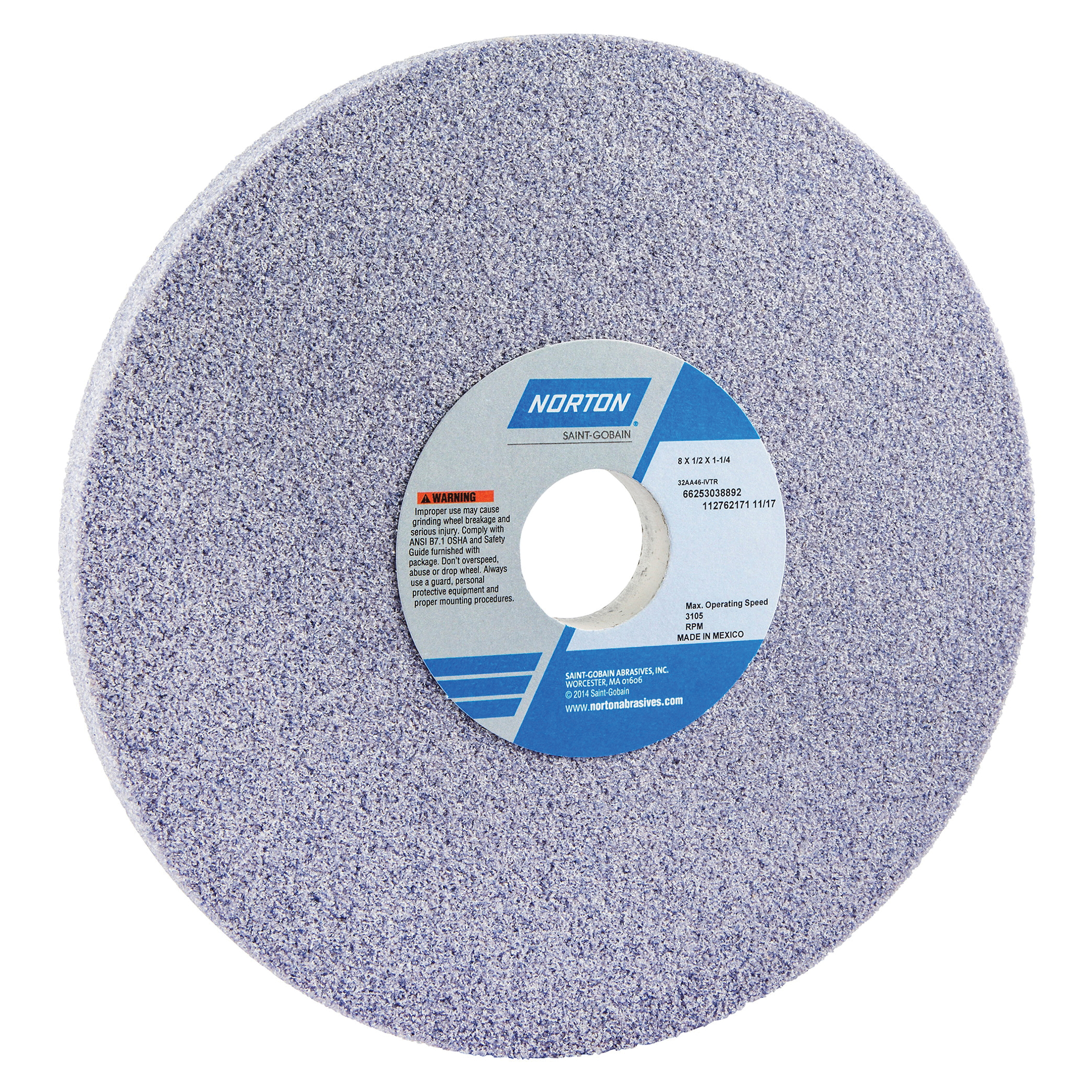 Norton® 66253038892 32AA Straight Toolroom Wheel, 8 in Dia x 1/2 in THK, 1-1/4 in Center Hole, 46 Grit, Aluminum Oxide Abrasive