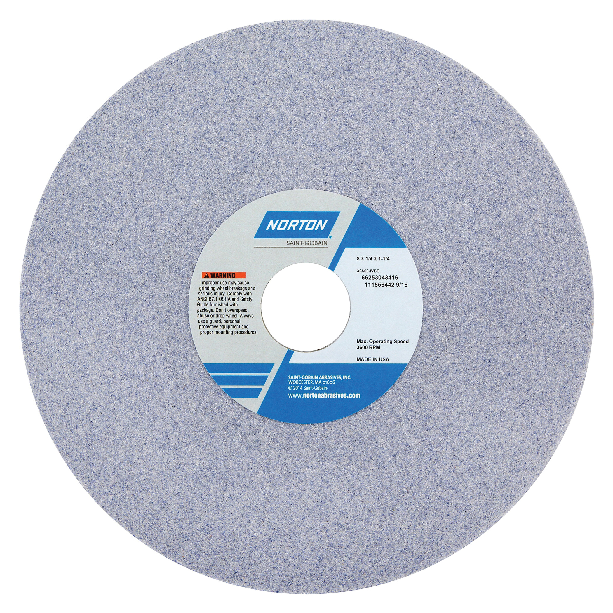 Norton® 66253043399 32A Straight Toolroom Wheel, 8 in Dia x 1/4 in THK, 1-1/4 in Center Hole, 60 Grit, Aluminum Oxide Abrasive