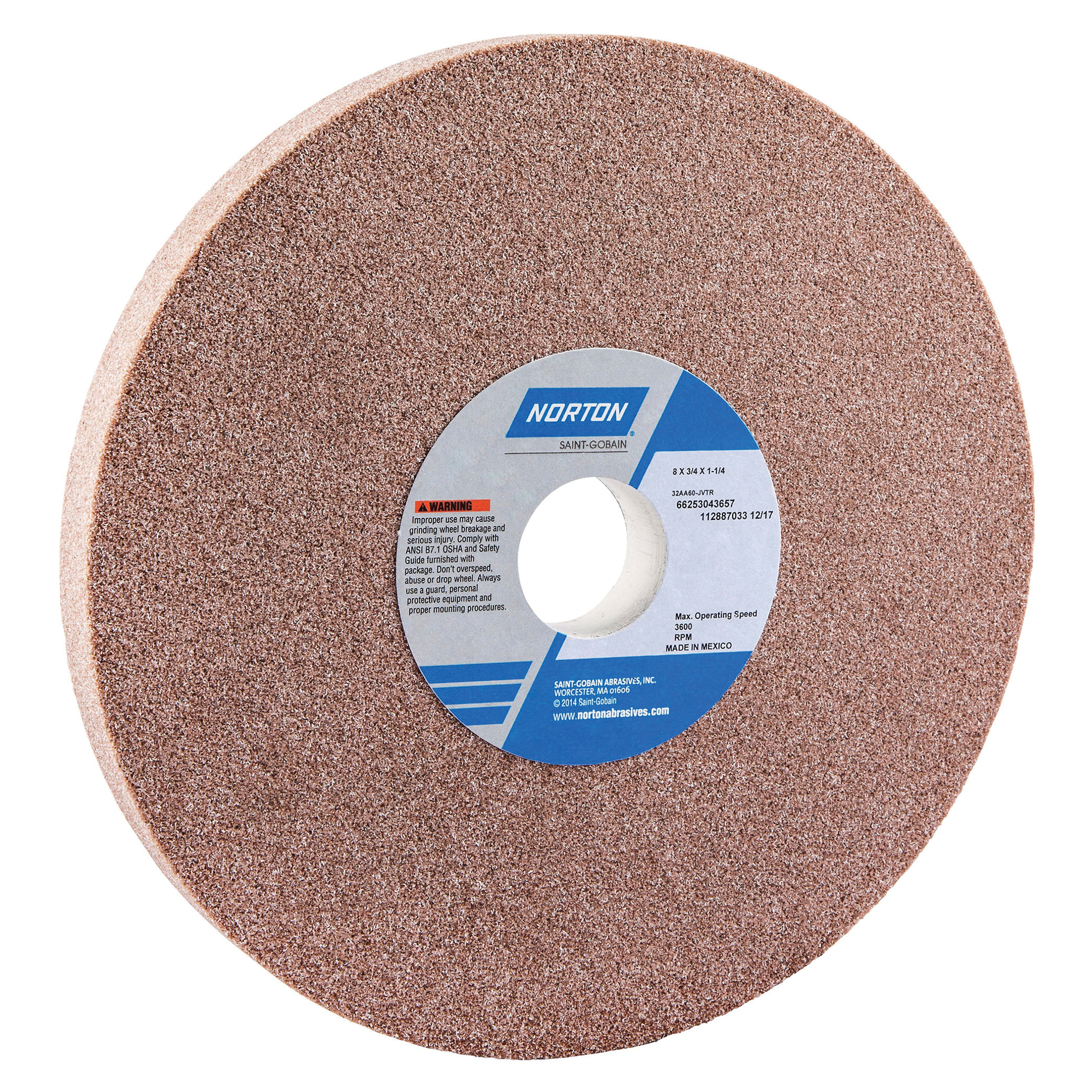 Norton® 66253043657 32AA Straight Toolroom Wheel, 8 in Dia x 3/4 in THK, 1-1/4 in Center Hole, 60 Grit, Aluminum Oxide Abrasive