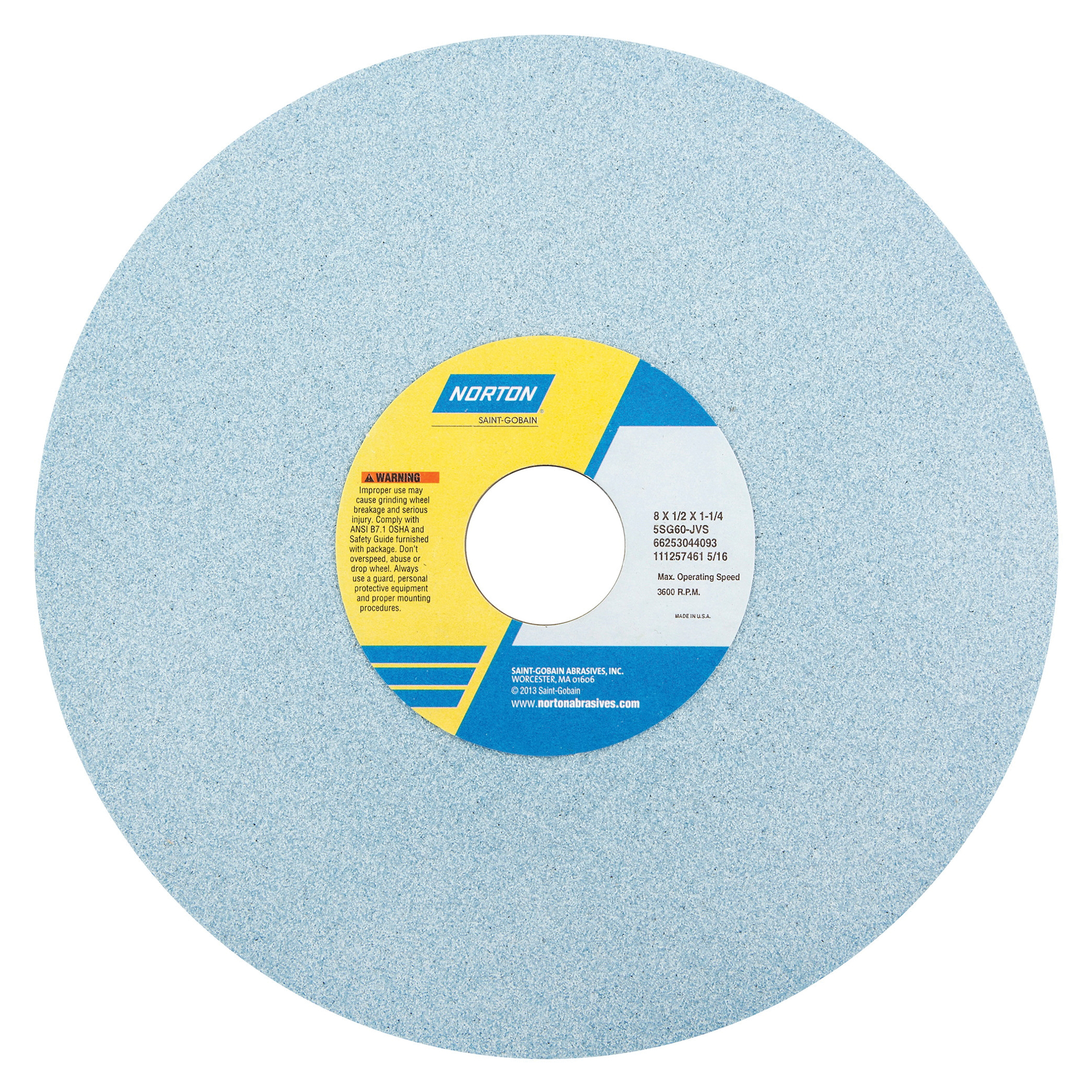 Norton® 66253044096 5SG Straight Toolroom Wheel, 8 in Dia x 1/2 in THK, 1-1/4 in Center Hole, 80 Grit, Ceramic Alumina/Friable Aluminum Oxide Abrasive