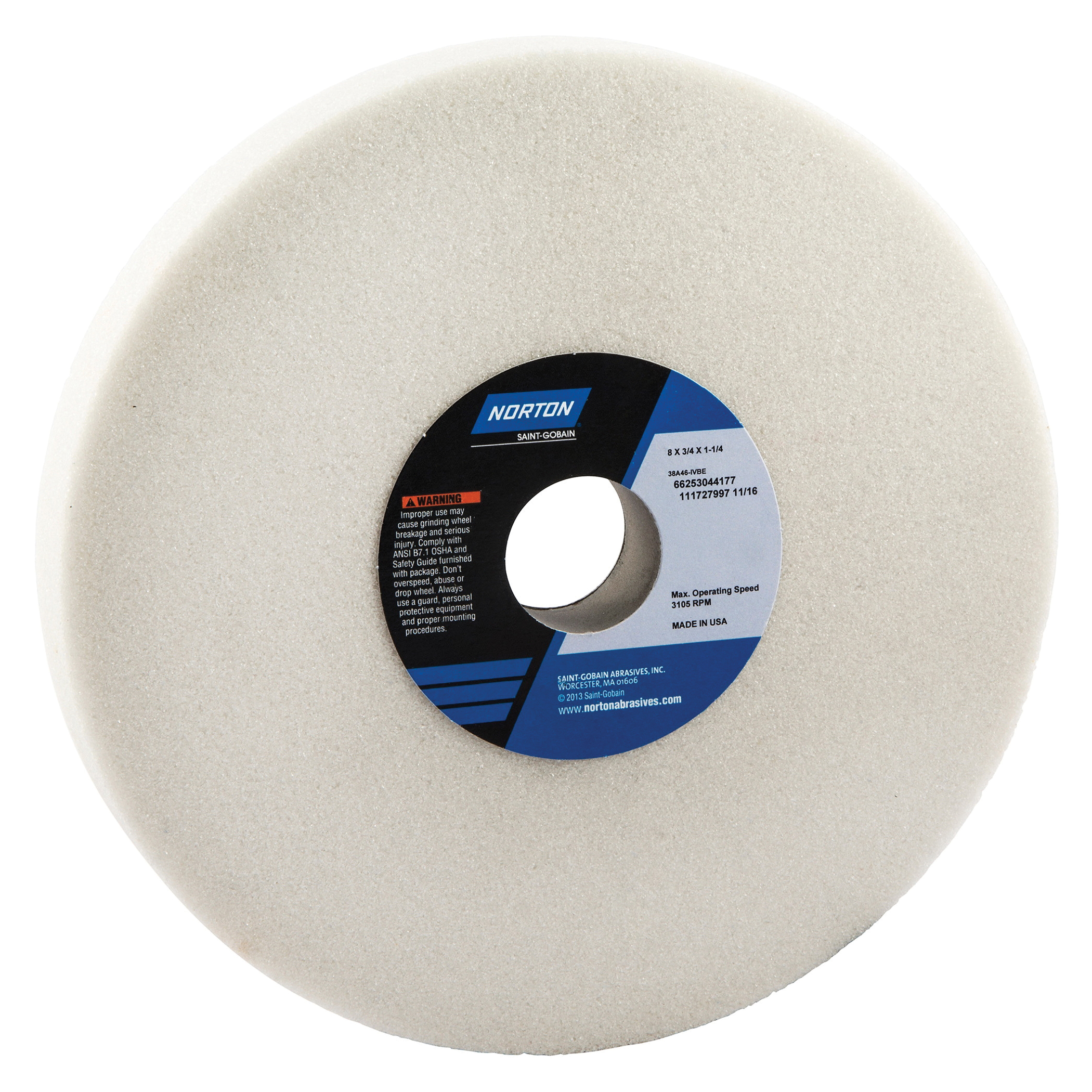 Norton® 66253044180 38A Straight Toolroom Wheel, 8 in Dia x 3/4 in THK, 1-1/4 in Center Hole, 46 Grit, Aluminum Oxide Abrasive