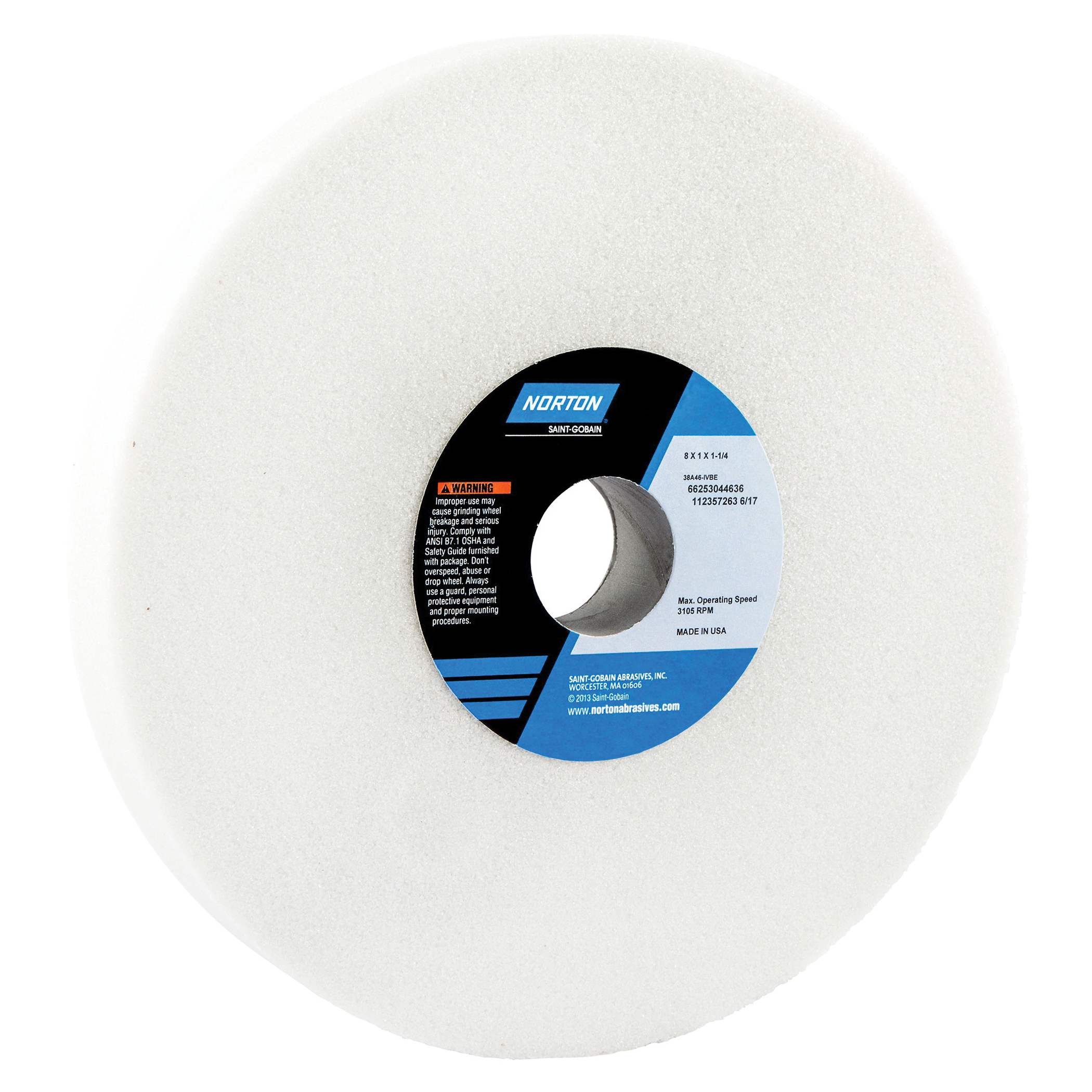 Norton® 66253044636 38A Straight Toolroom Wheel, 8 in Dia x 1 in THK, 1-1/4 in Center Hole, 46 Grit, Aluminum Oxide Abrasive