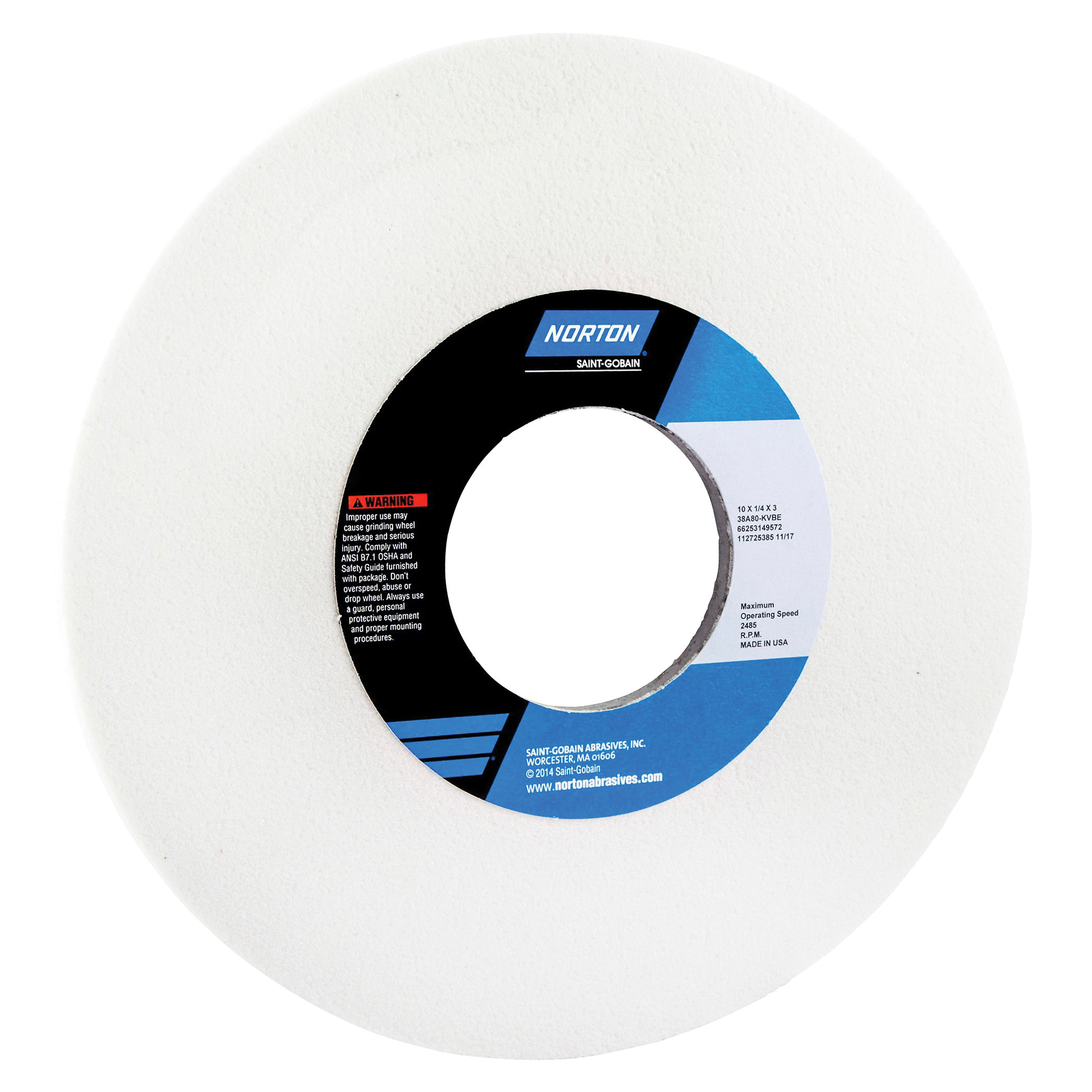 Norton® 66253149572 38A Straight Toolroom Wheel, 10 in Dia x 1/4 in THK, 3 in Center Hole, 80 Grit, Aluminum Oxide Abrasive