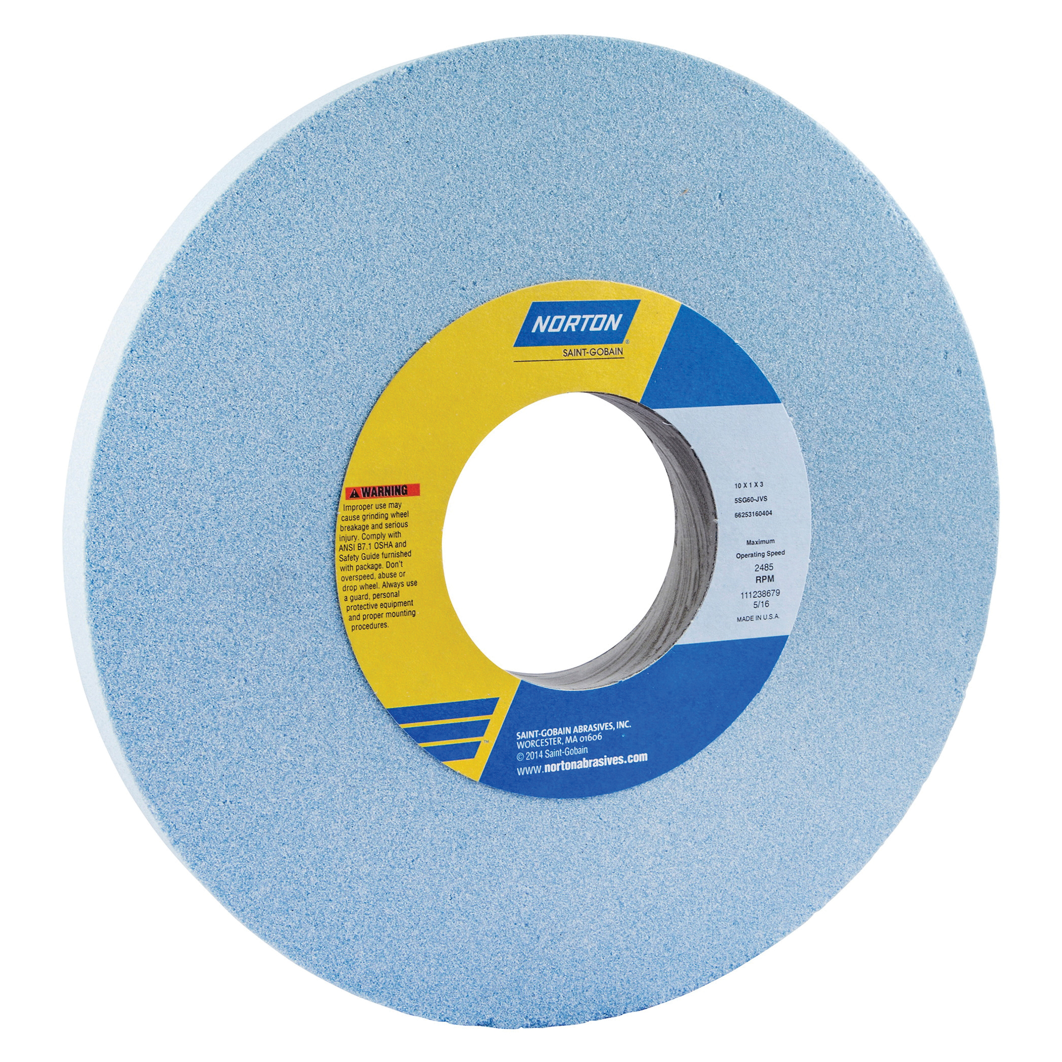 Norton® 66253160405 5SG Straight Toolroom Wheel, 10 in Dia x 1 in THK, 3 in Center Hole, 60 Grit, Ceramic Alumina/Friable Aluminum Oxide Abrasive