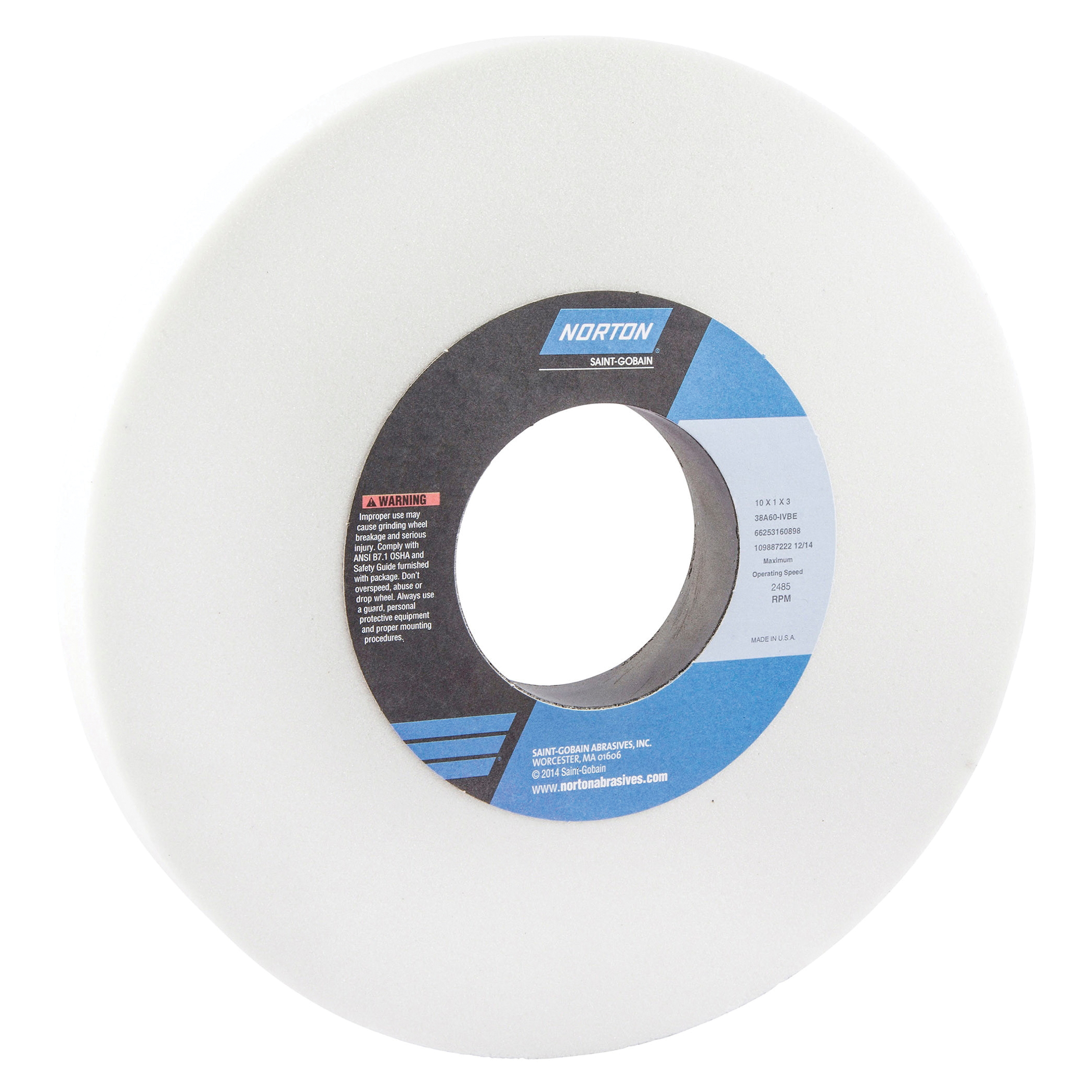 Norton® 66253160898 38A Straight Toolroom Wheel, 10 in Dia x 1 in THK, 3 in Center Hole, 60 Grit, Aluminum Oxide Abrasive