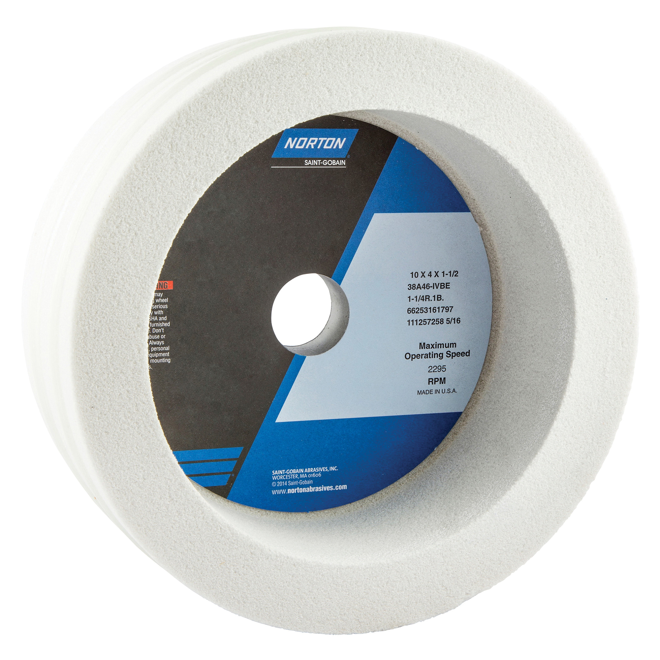 Norton® 66253161797 38A Toolroom Wheel, 10 in Dia x 4 in THK, 1-1/2 in Center Hole, 46 Grit, Aluminum Oxide Abrasive