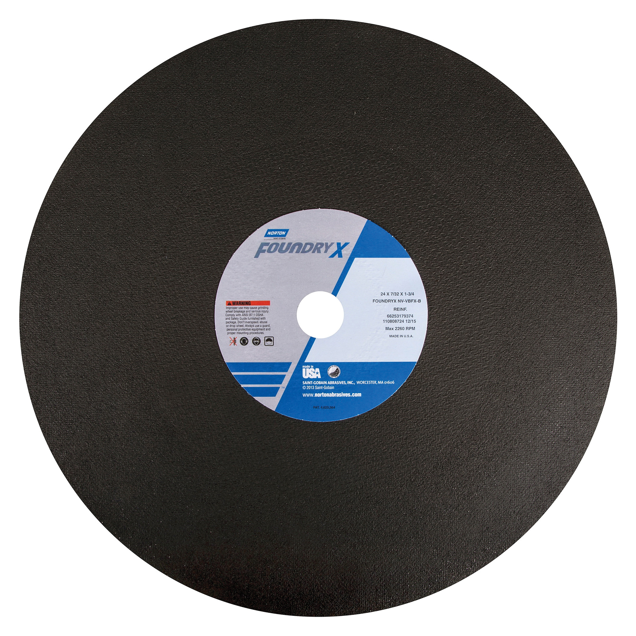 Norton®Foundry X™BlueFire® 66253179374 5NVA Type 01/41 Reinforced Cut-Off Wheel, 24 in Dia x 7/32 in THK, 1-3/4 in Center Hole, 24 Grit, Aluminum Oxide/Zirconia Alumina Abrasive