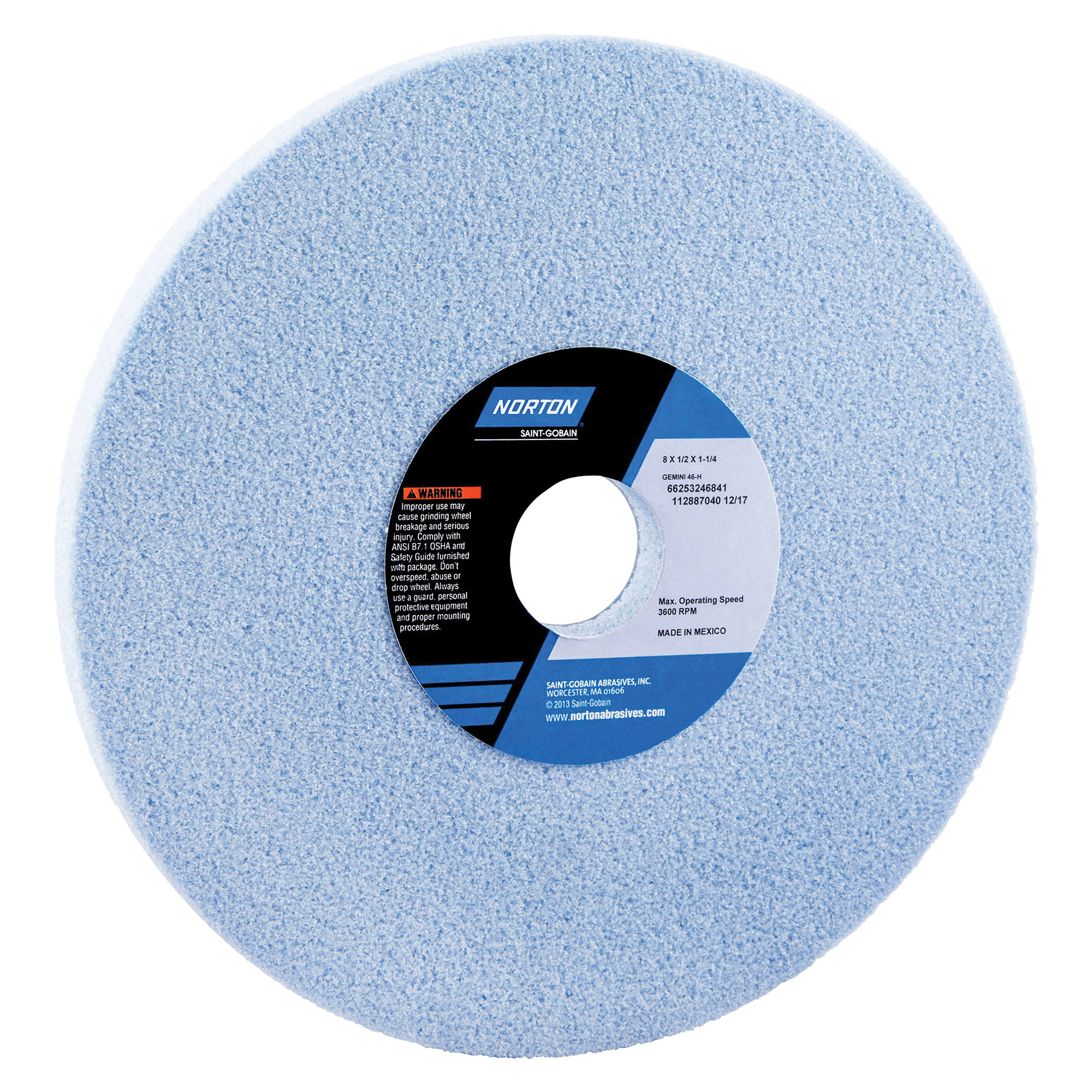 Norton® Gemini® 66253246841 Gemini Straight Toolroom Wheel, 8 in Dia x 1/2 in THK, 1-1/4 in Center Hole, 46 Grit, Aluminum Oxide Abrasive