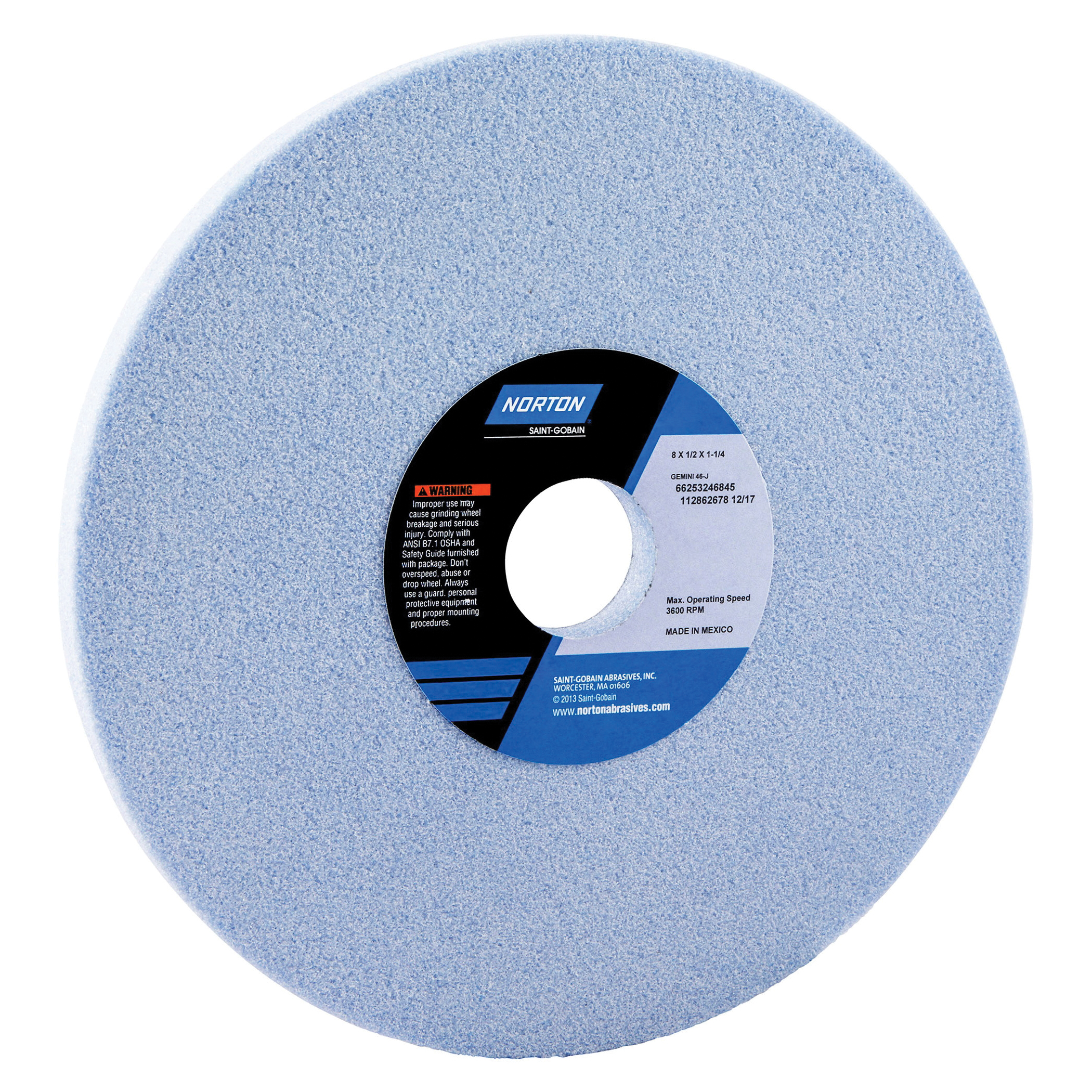 Norton® Gemini® 66253246845 Gemini Straight Toolroom Wheel, 8 in Dia x 1/2 in THK, 1-1/4 in Center Hole, 46 Grit, Aluminum Oxide Abrasive