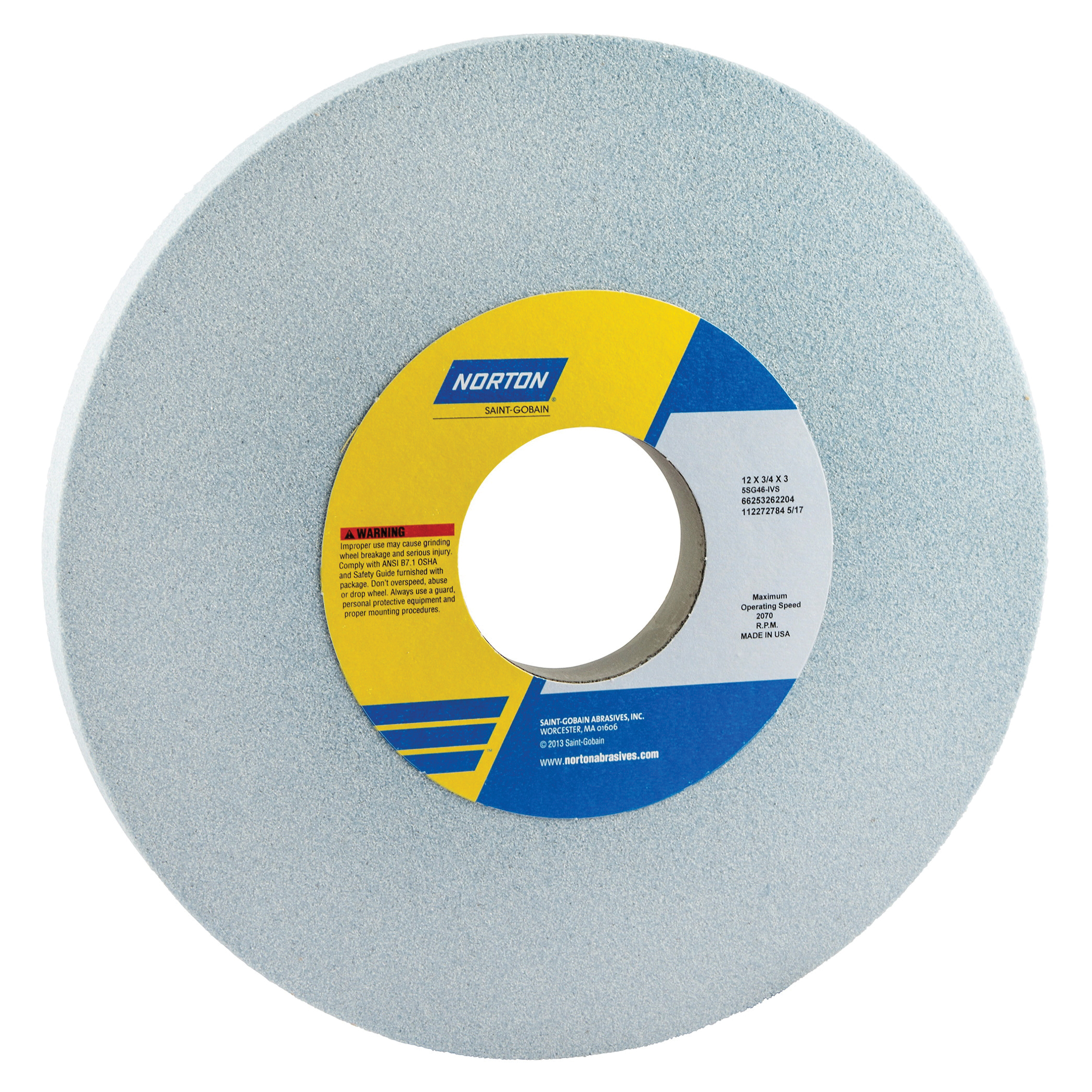 Norton® 66253262204 5SG Straight Toolroom Wheel, 12 in Dia x 3/4 in THK, 3 in Center Hole, 46 Grit, Ceramic Alumina/Friable Aluminum Oxide Abrasive