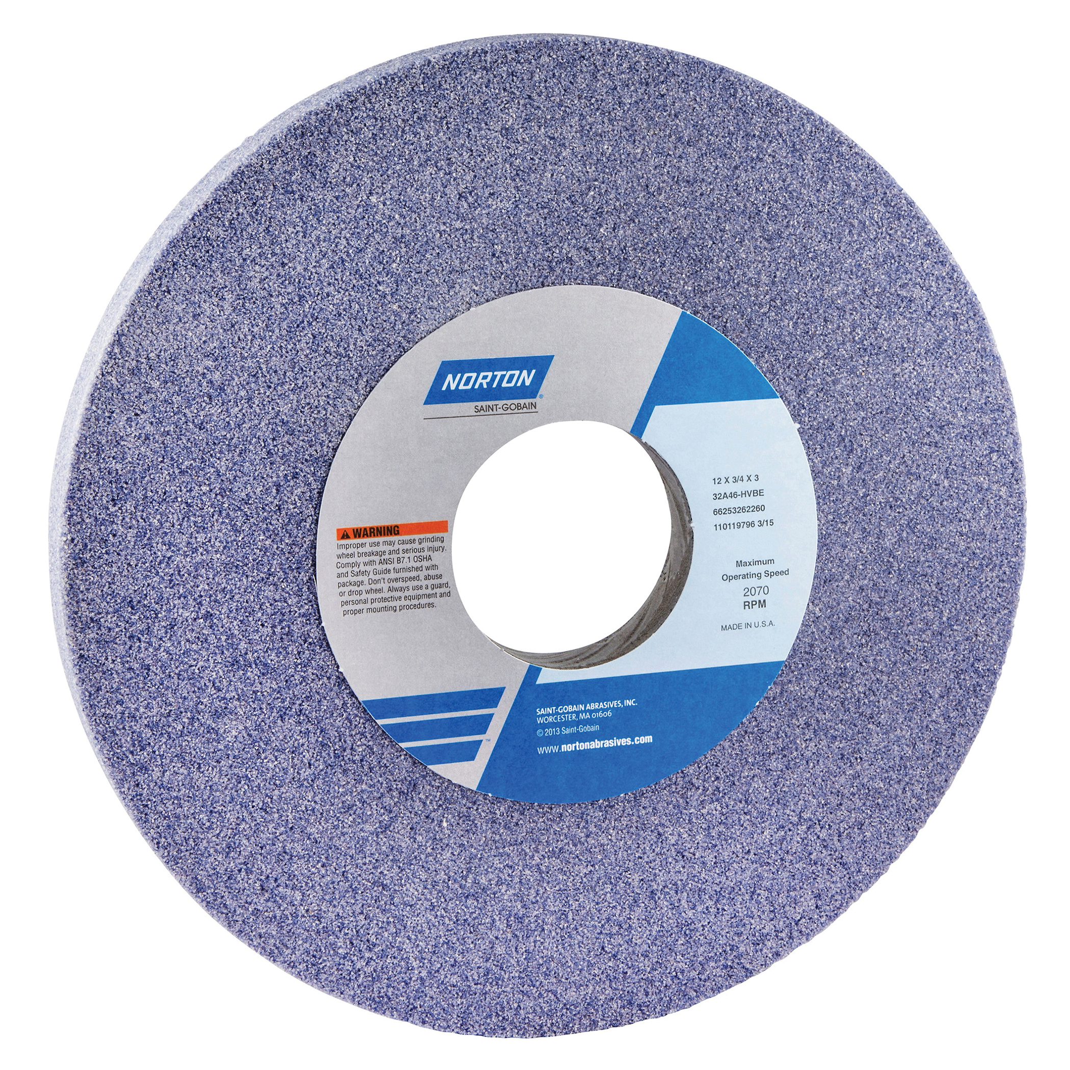Norton® 66253262260 32A Straight Toolroom Wheel, 12 in Dia x 3/4 in THK, 3 in Center Hole, 46 Grit, Aluminum Oxide Abrasive