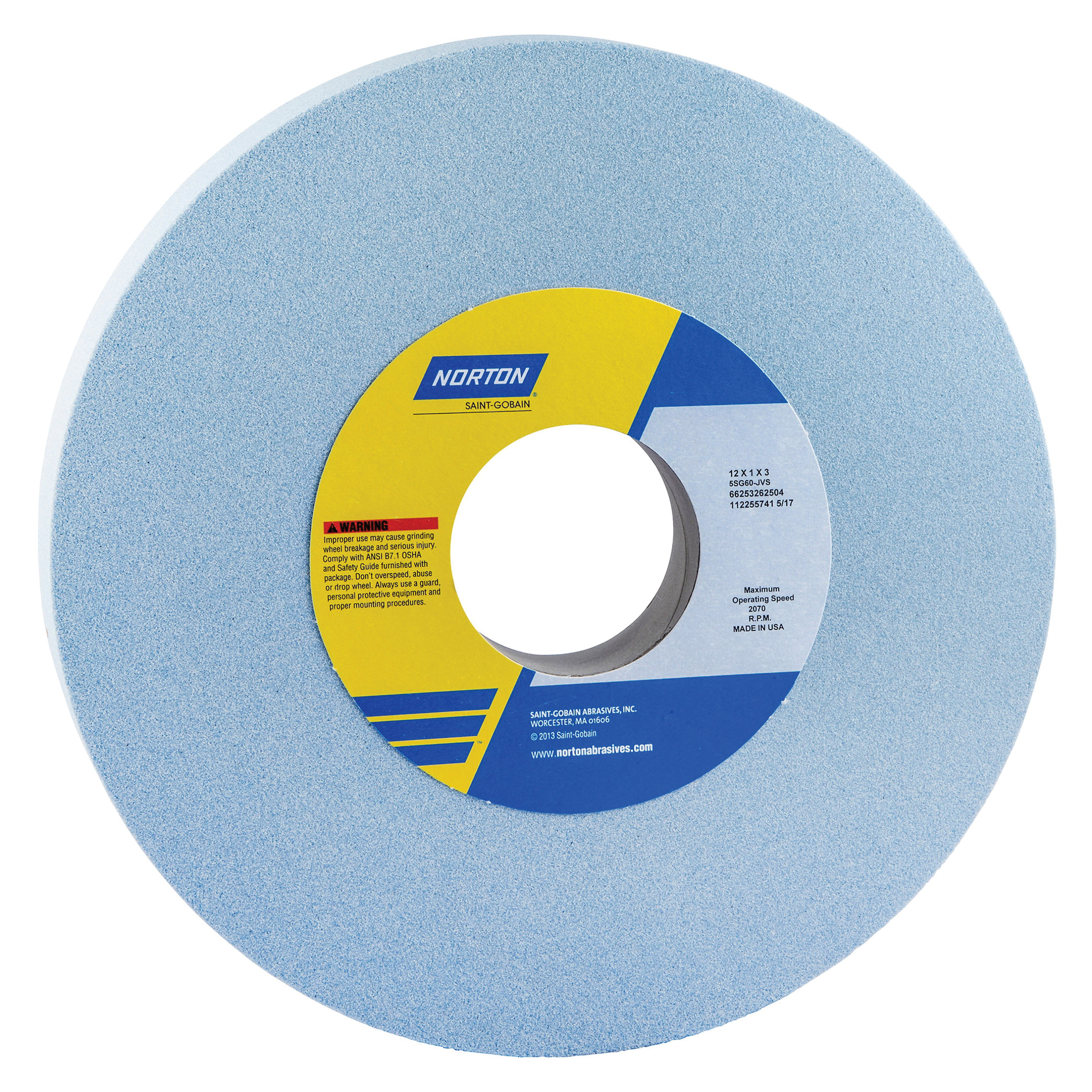 Norton® 66253262503 5SG Straight Toolroom Wheel, 12 in Dia x 1 in THK, 3 in Center Hole, 60 Grit, Ceramic Alumina/Friable Aluminum Oxide Abrasive