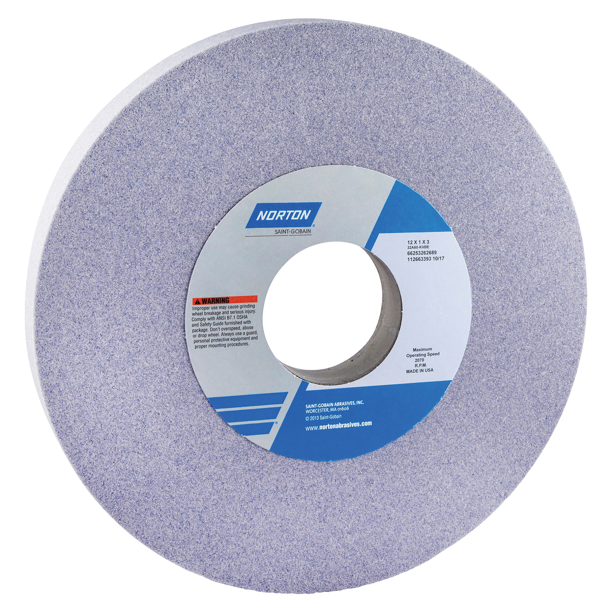Norton® 66253262564 32A Straight Toolroom Wheel, 12 in Dia x 1 in THK, 3 in Center Hole, 46 Grit, Aluminum Oxide Abrasive