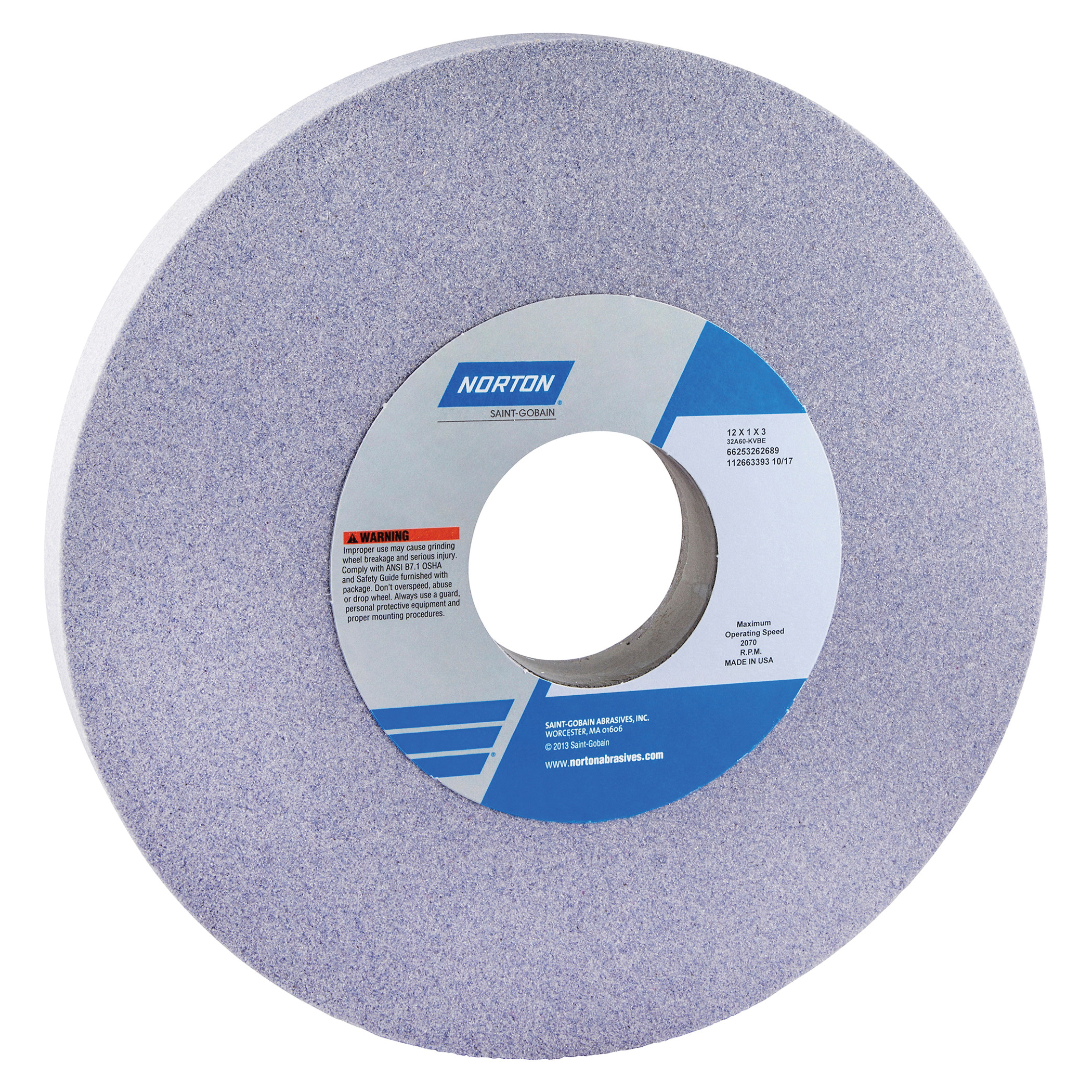 Norton® 66253262581 32A Straight Toolroom Wheel, 12 in Dia x 1 in THK, 3 in Center Hole, 60 Grit, Aluminum Oxide Abrasive